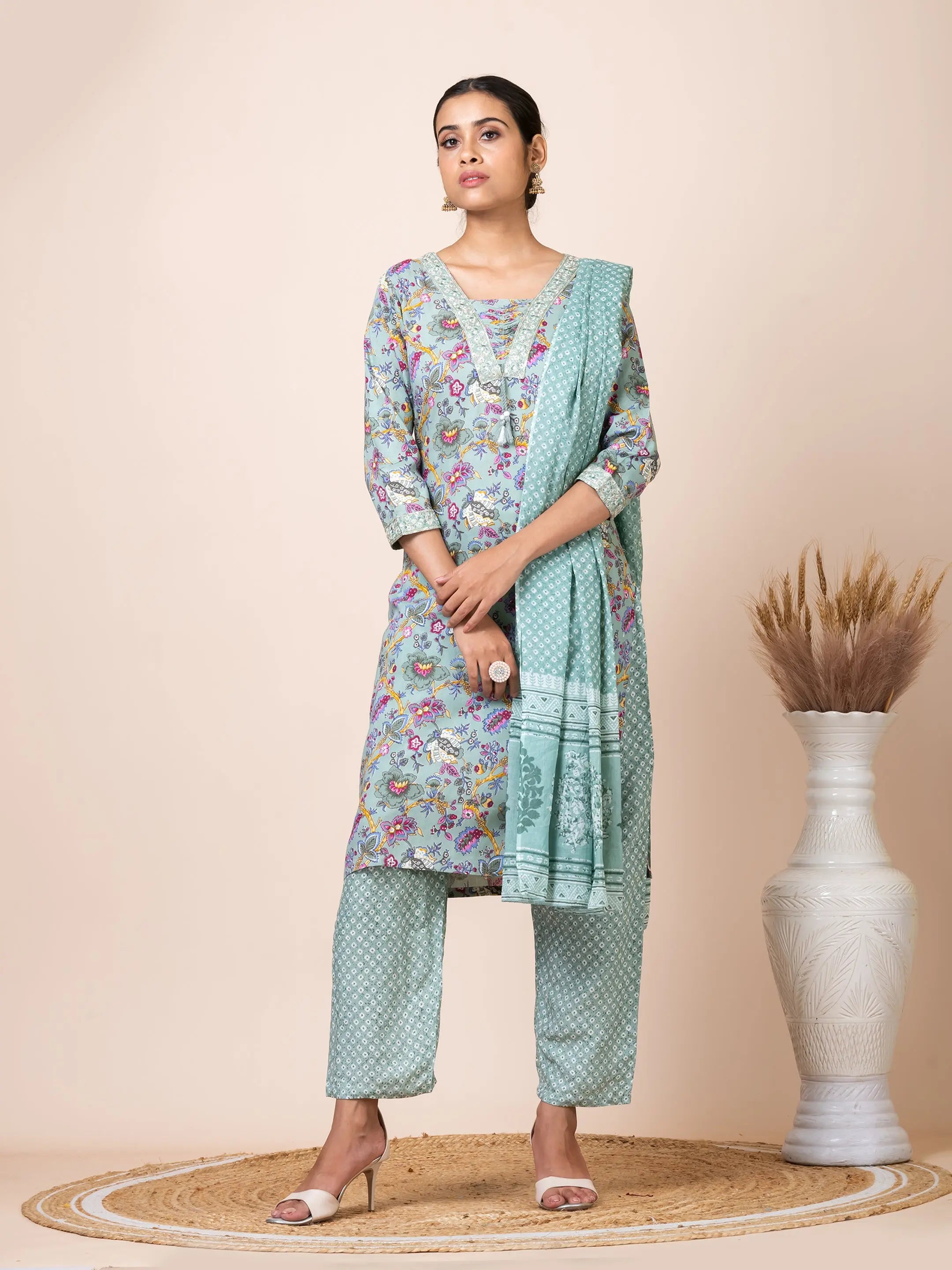 Sarso Aqua Blue Block Printed Salwar Suit Sarso