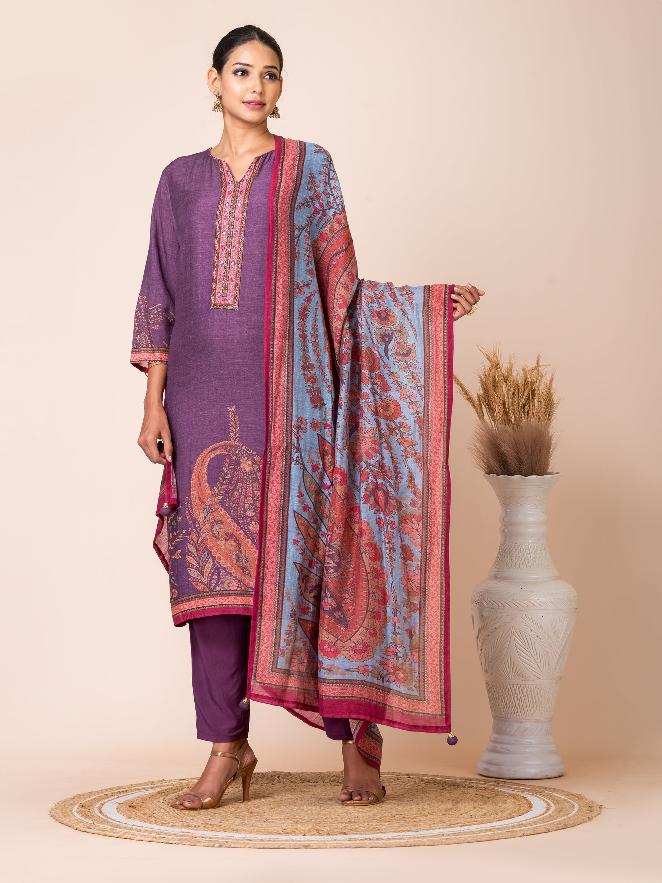 Purple and Blue Paisley Kurta Set with Handwork by Sarso Sarso