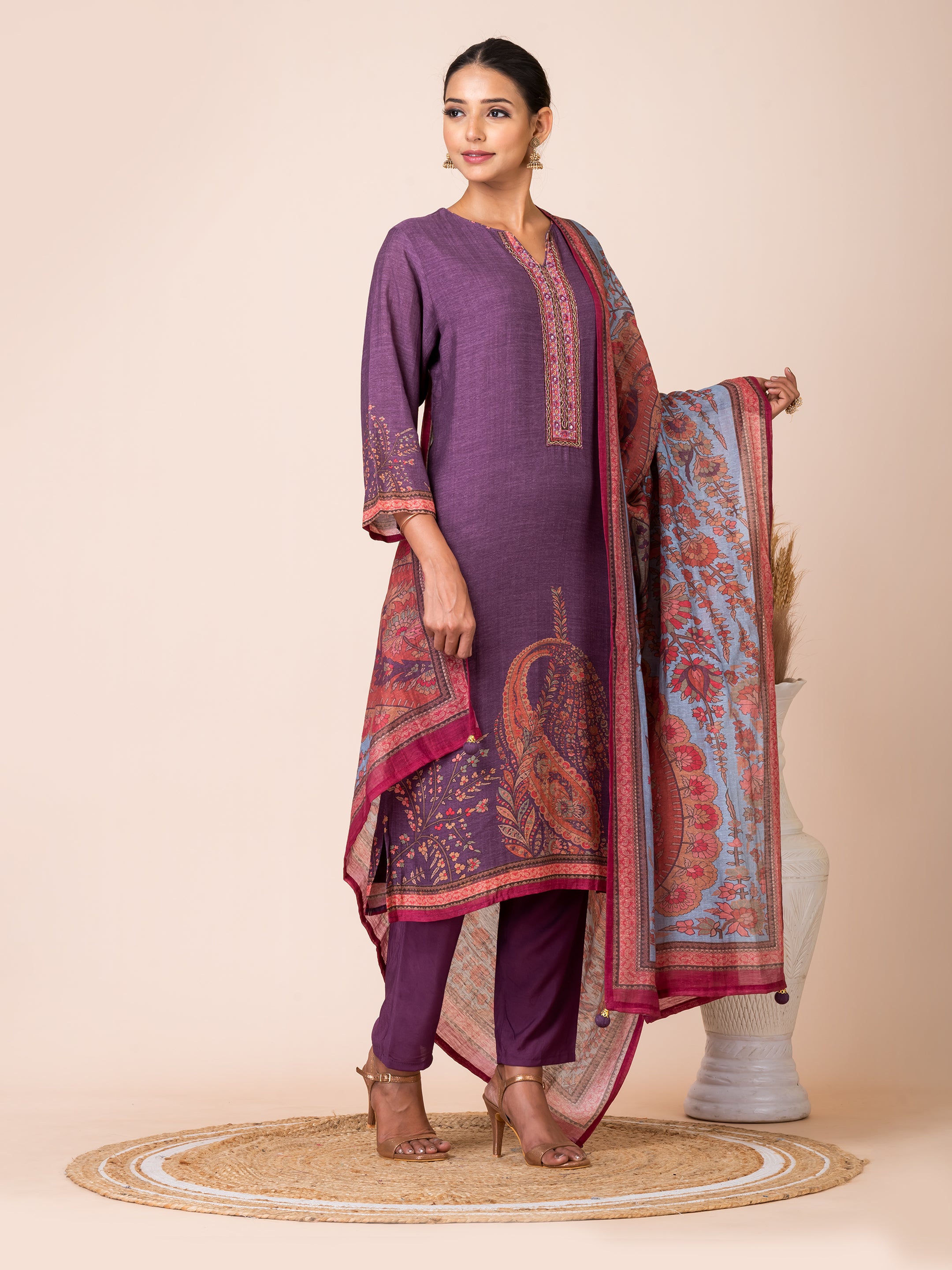 Purple and Blue Paisley Kurta Set with Handwork by Sarso Sarso