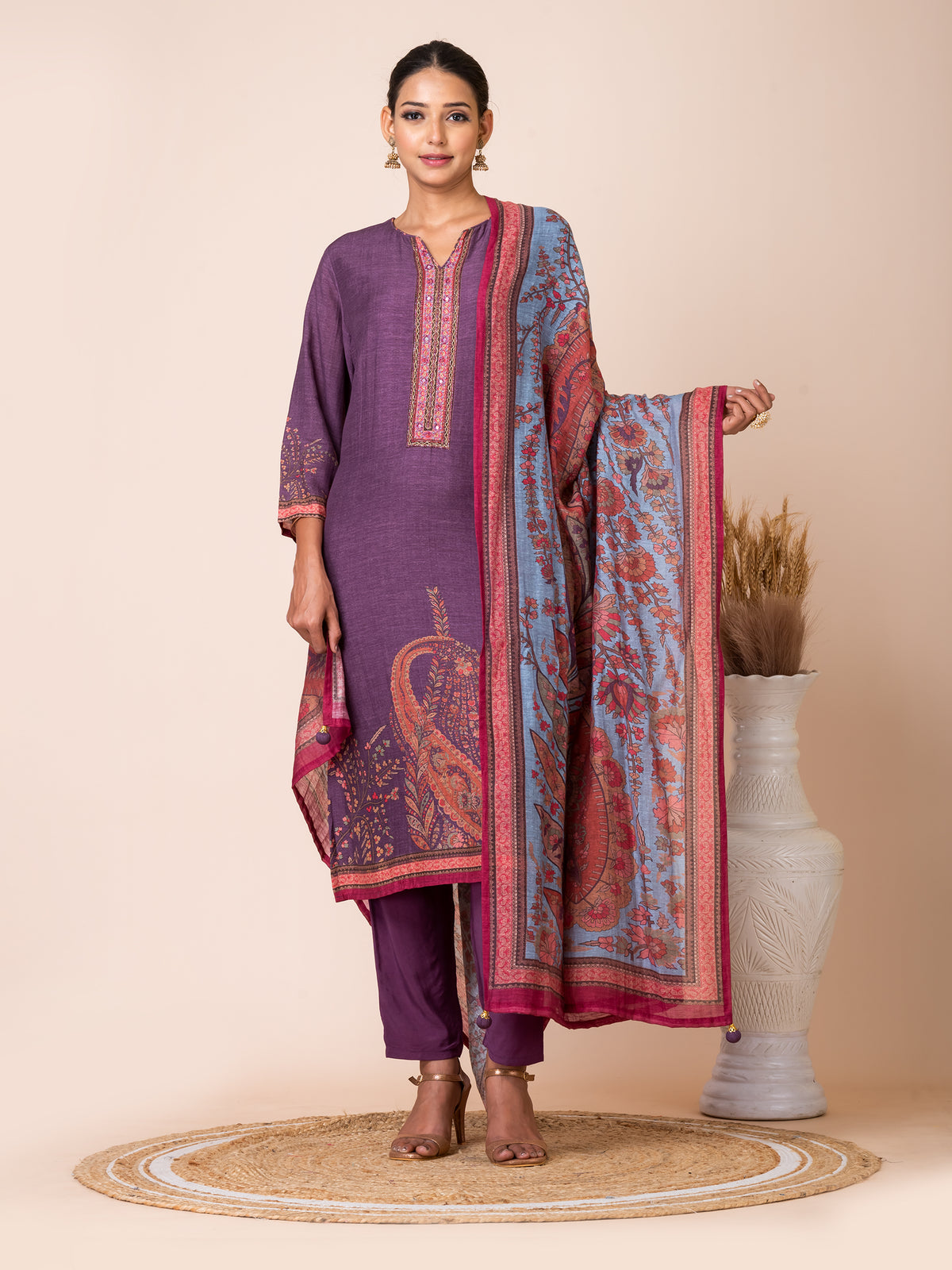 Purple and Blue Paisley Kurta Set with Handwork by Sarso Sarso