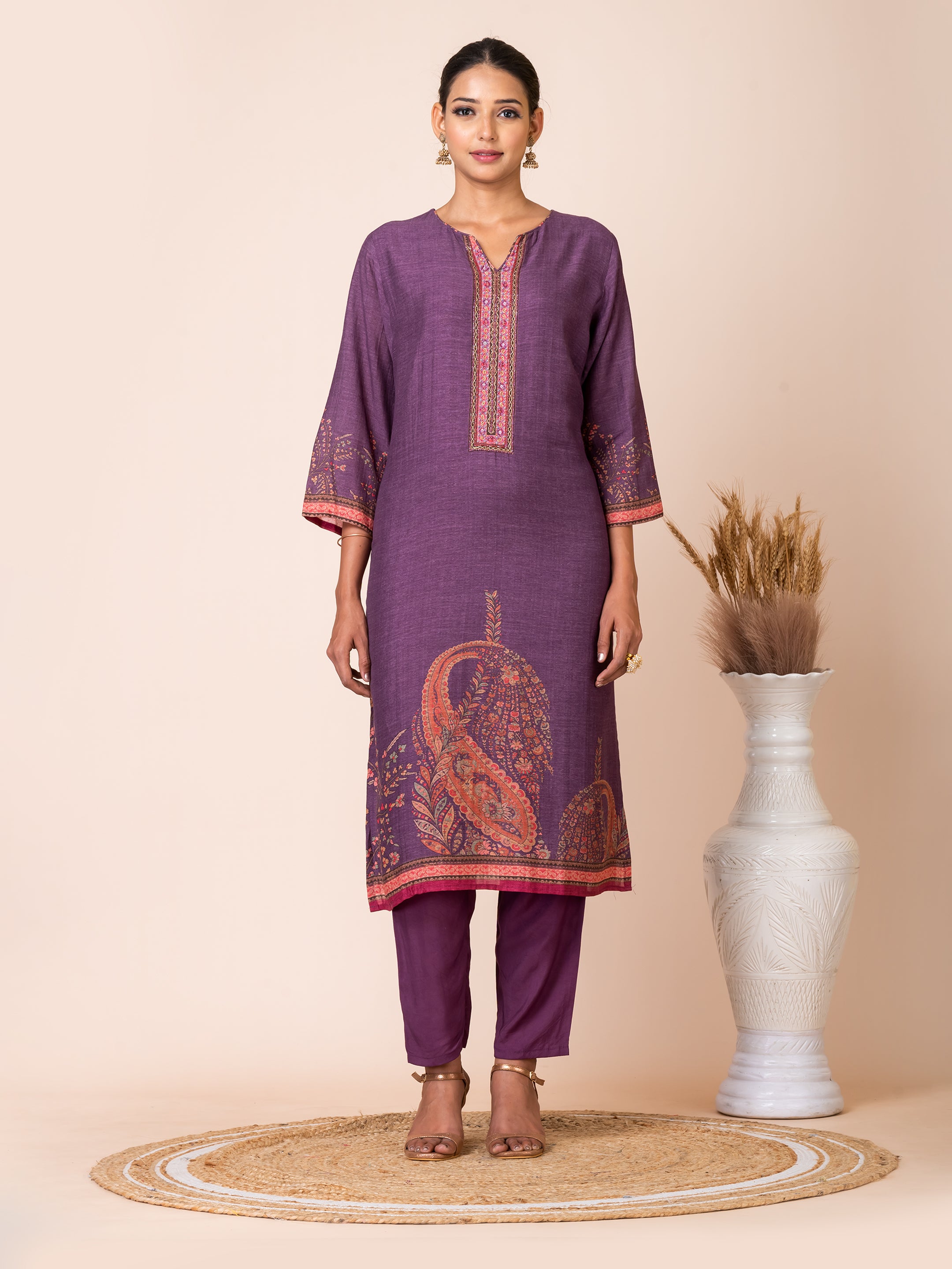 Purple and Blue Paisley Kurta Set with Handwork by Sarso Sarso