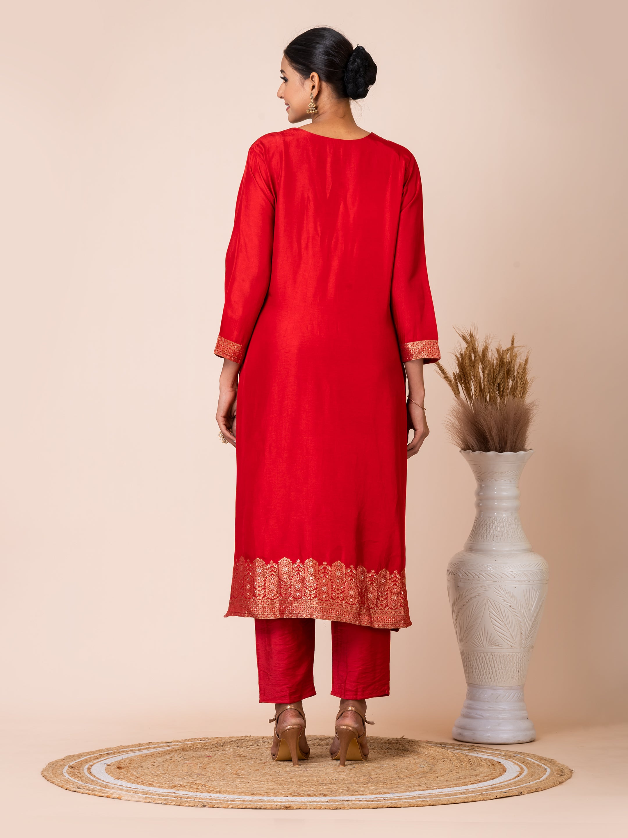 Red and Purple Banarasi Jacquard Kurta Set Sarso