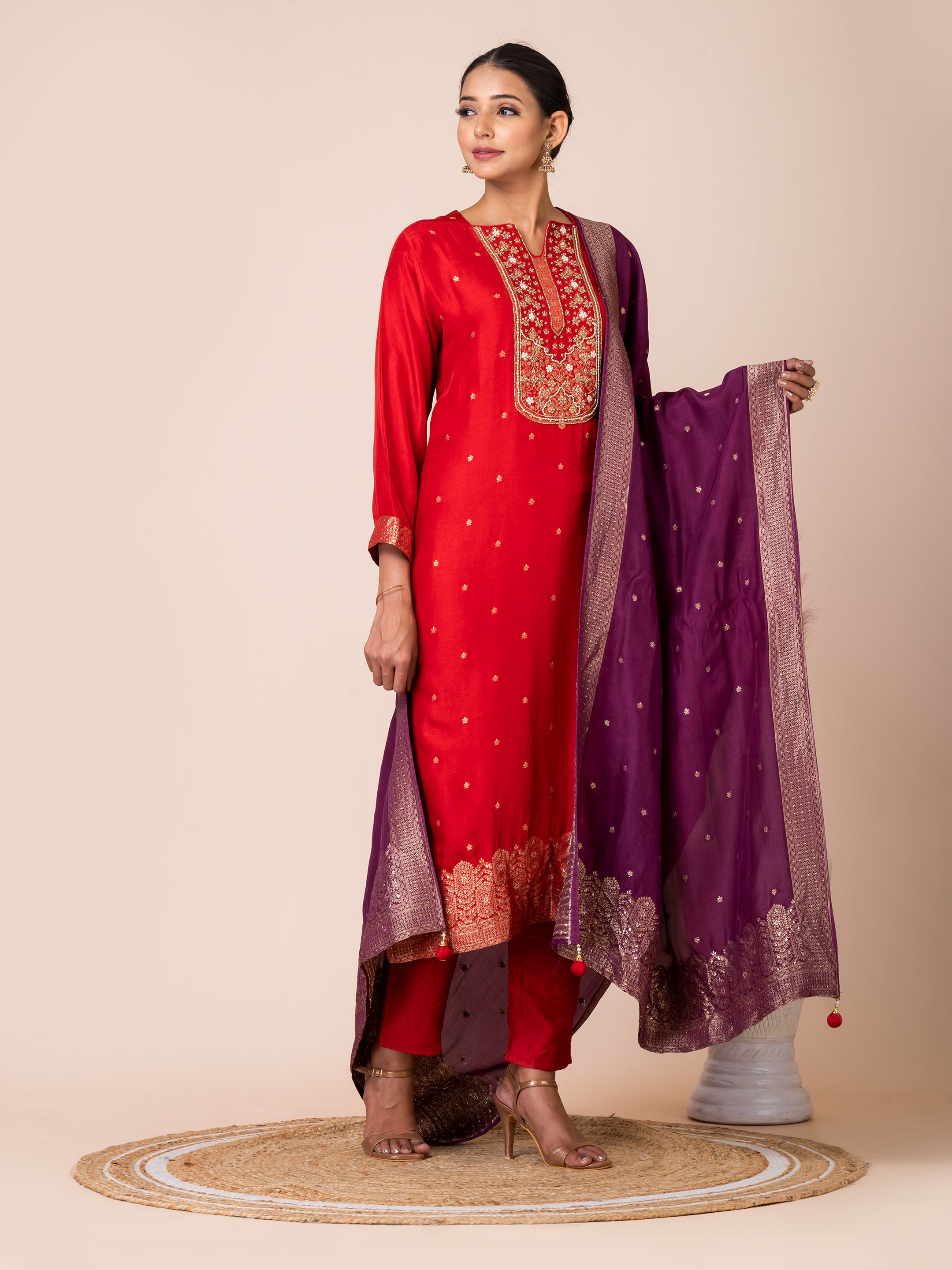 Red and Purple Banarasi Jacquard Kurta Set Sarso