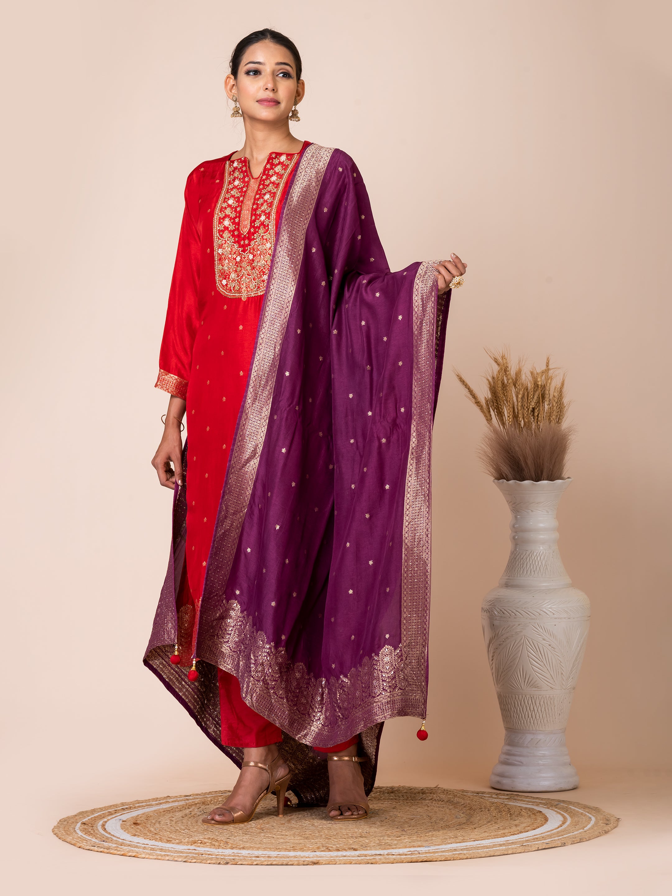 Red and Purple Banarasi Jacquard Kurta Set Sarso