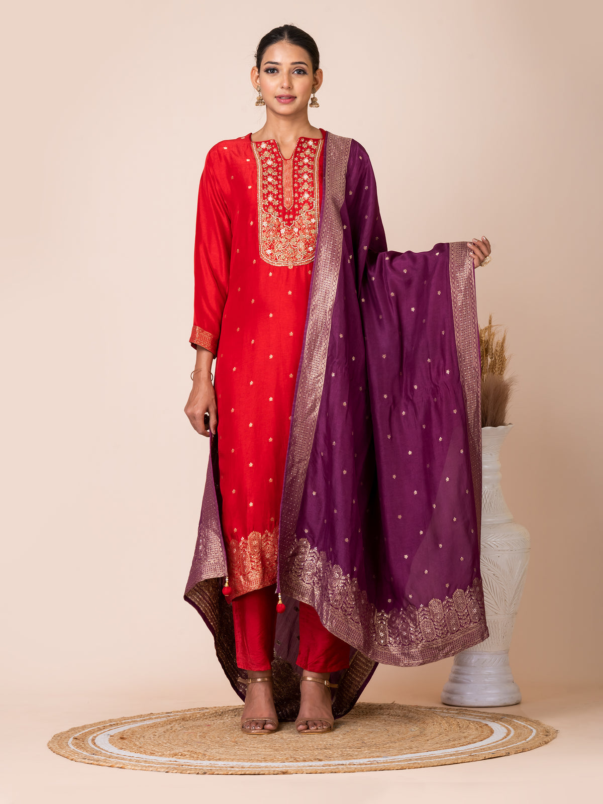 Red and Purple Banarasi Jacquard Kurta Set Sarso