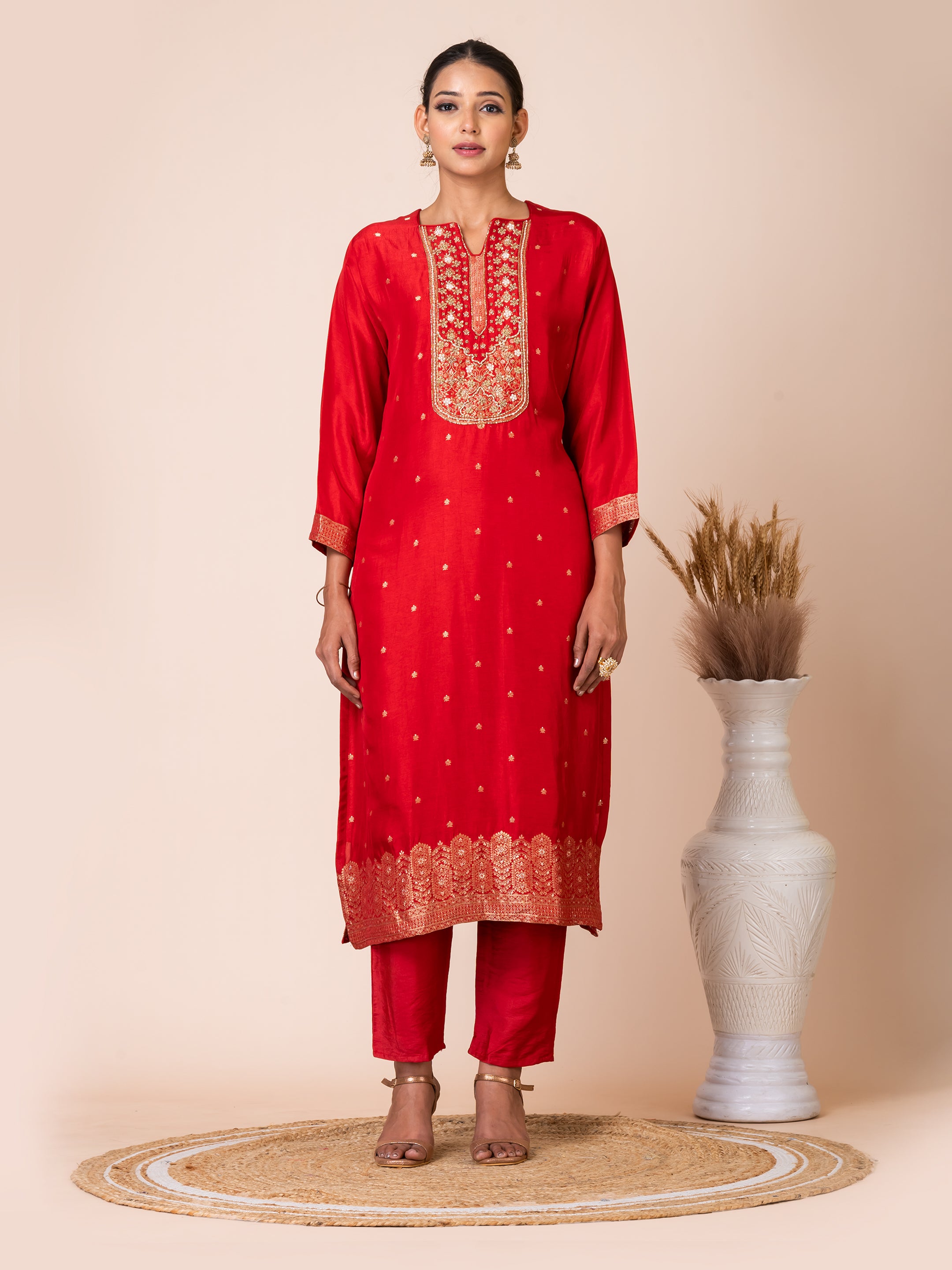 Red and Purple Banarasi Jacquard Kurta Set Sarso