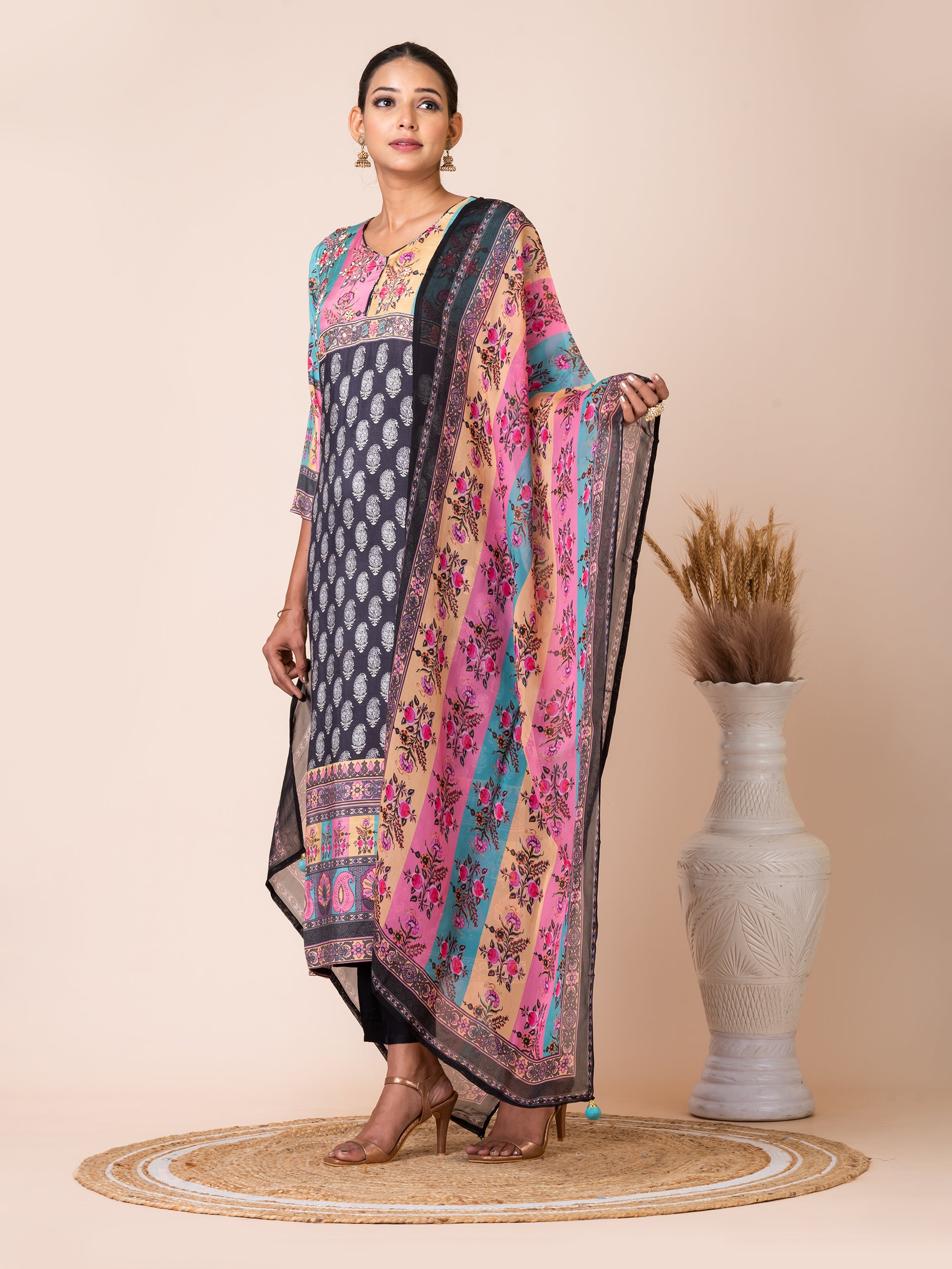 Charming Multicolor Patch Print Kurta Set with Organza Dupatta Sarso