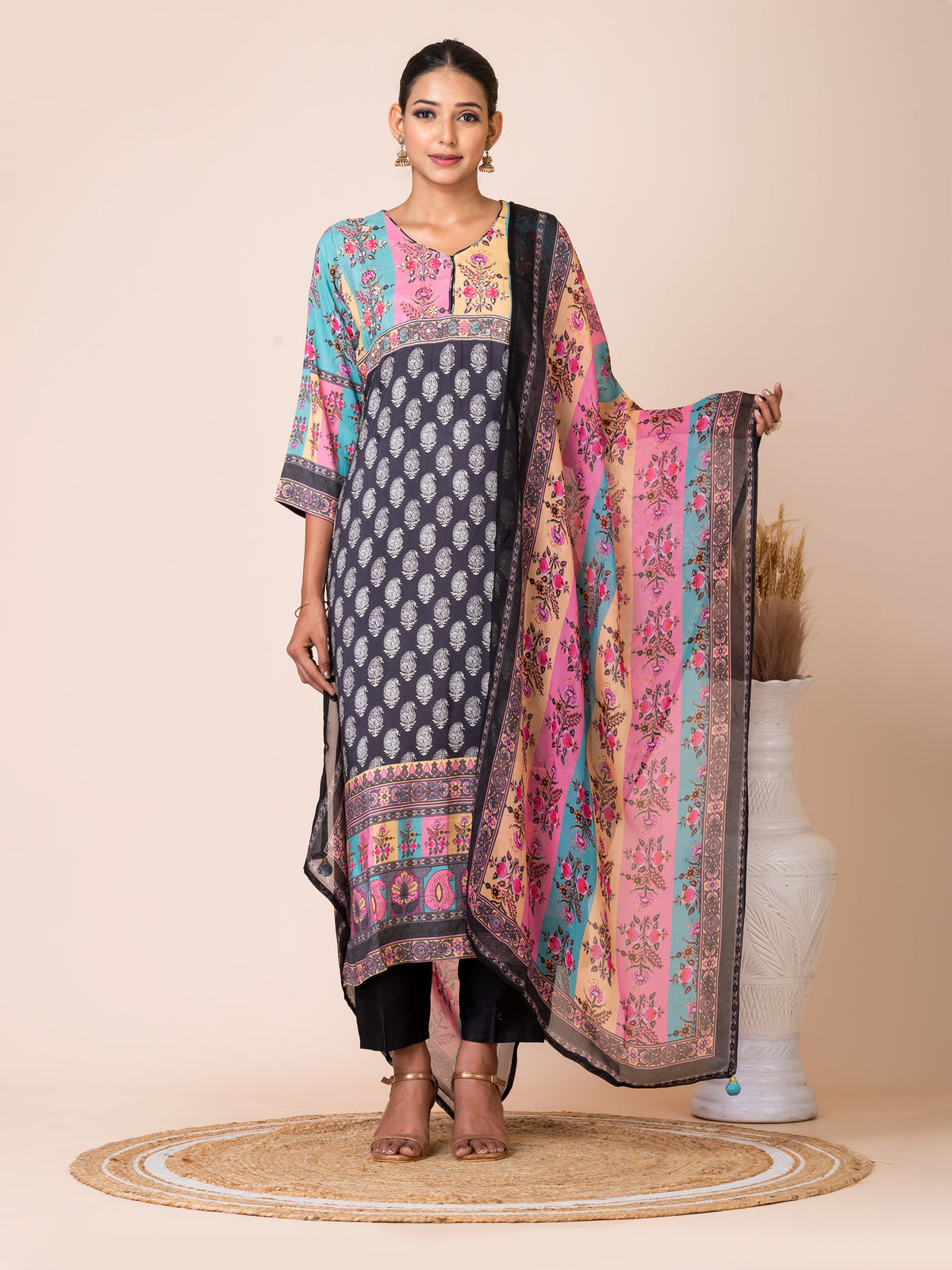 Charming Multicolor Patch Print Kurta Set with Organza Dupatta Sarso