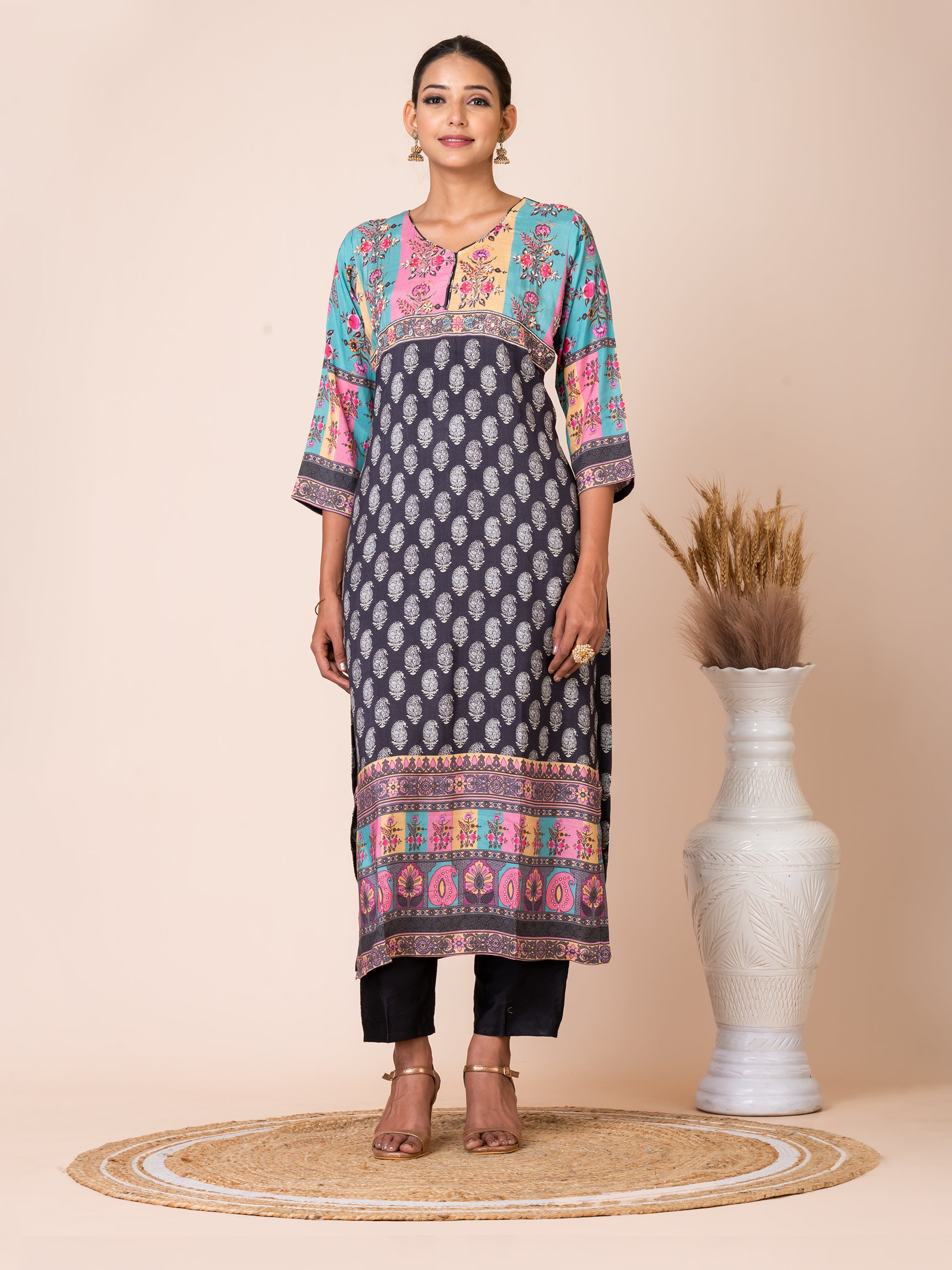 Charming Multicolor Patch Print Kurta Set with Organza Dupatta Sarso