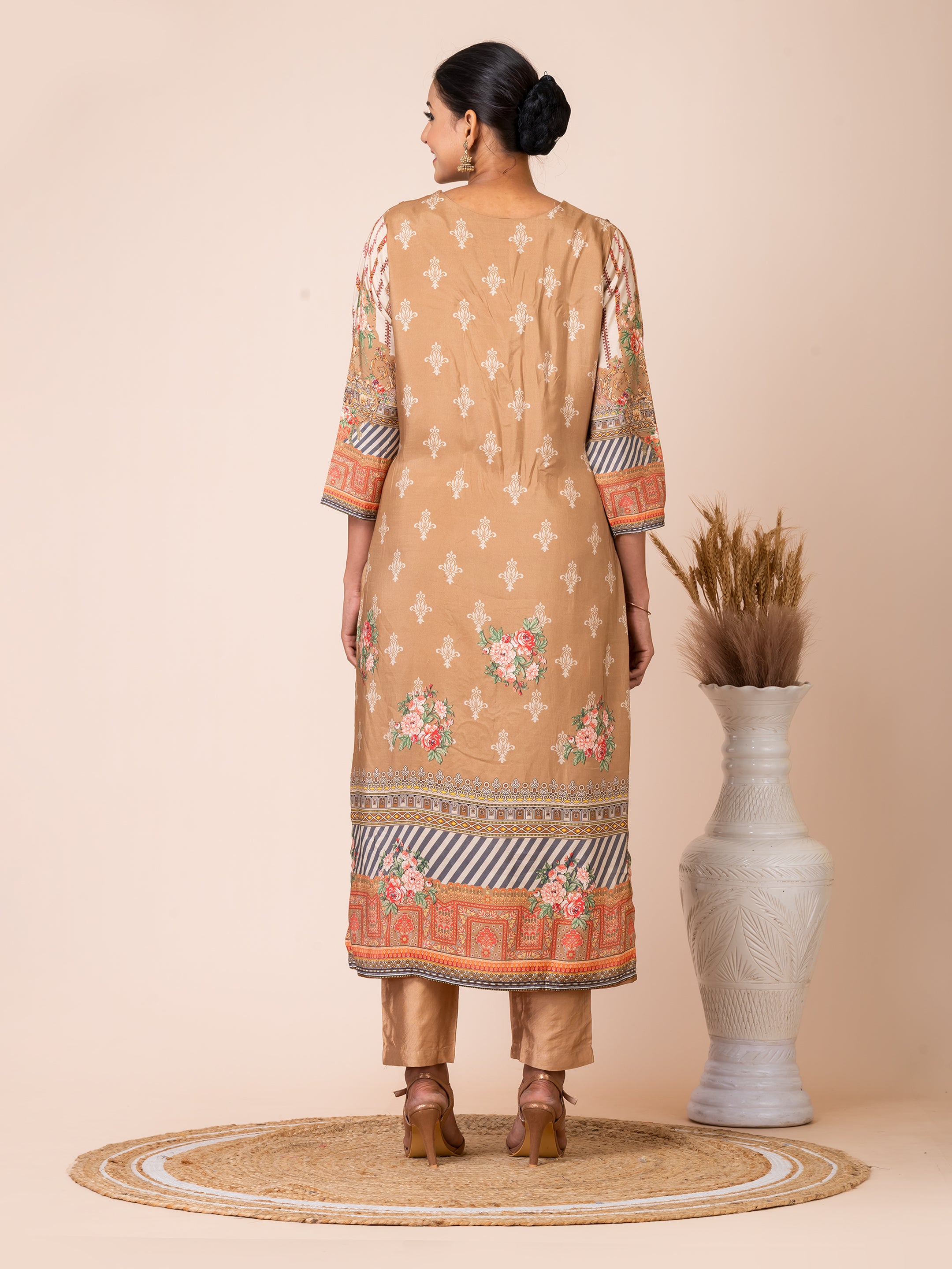 Beige and Peach Panel Style Pakistani Print Kurta Set Sarso