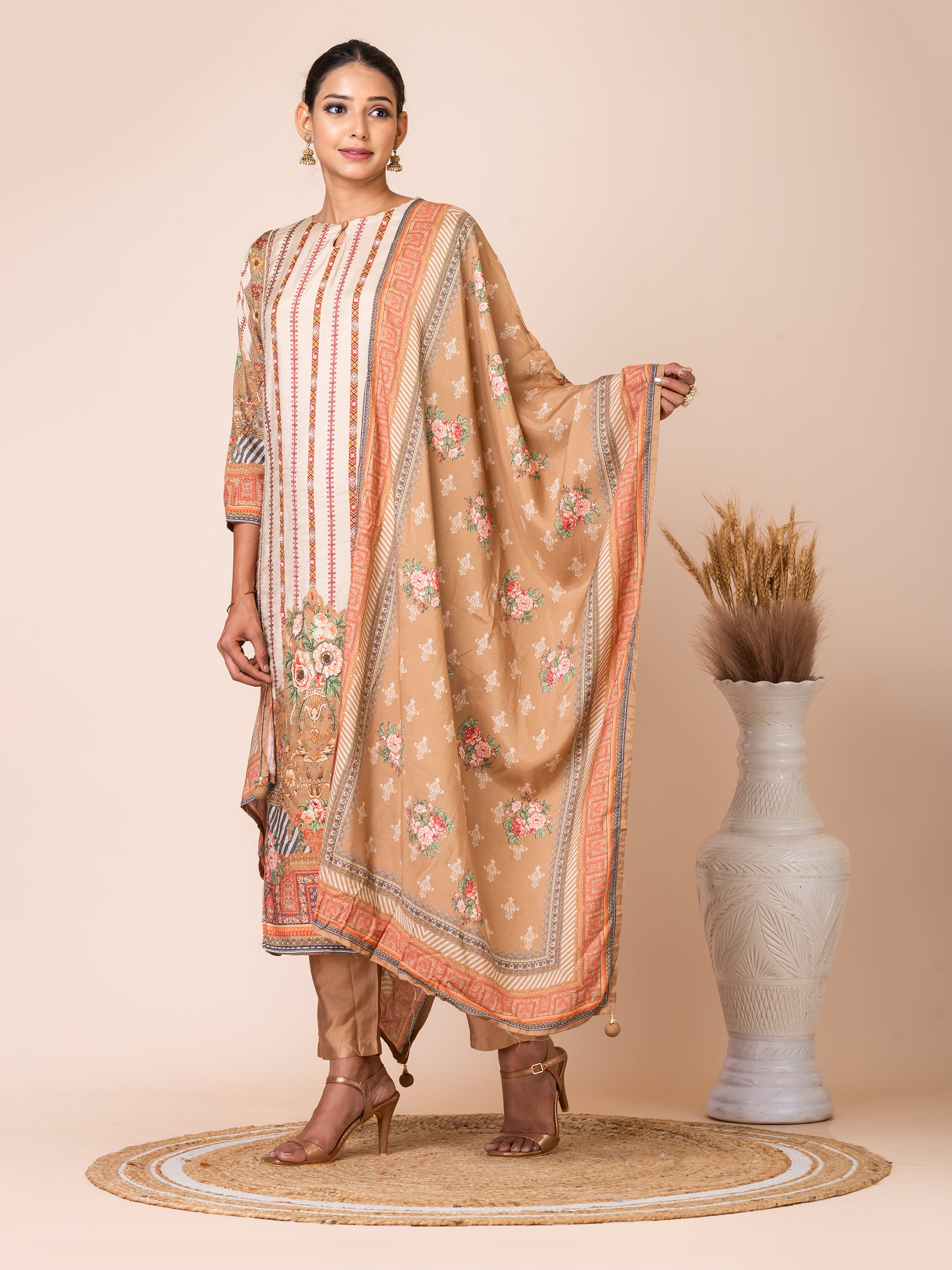 Beige and Peach Panel Style Pakistani Print Kurta Set Sarso