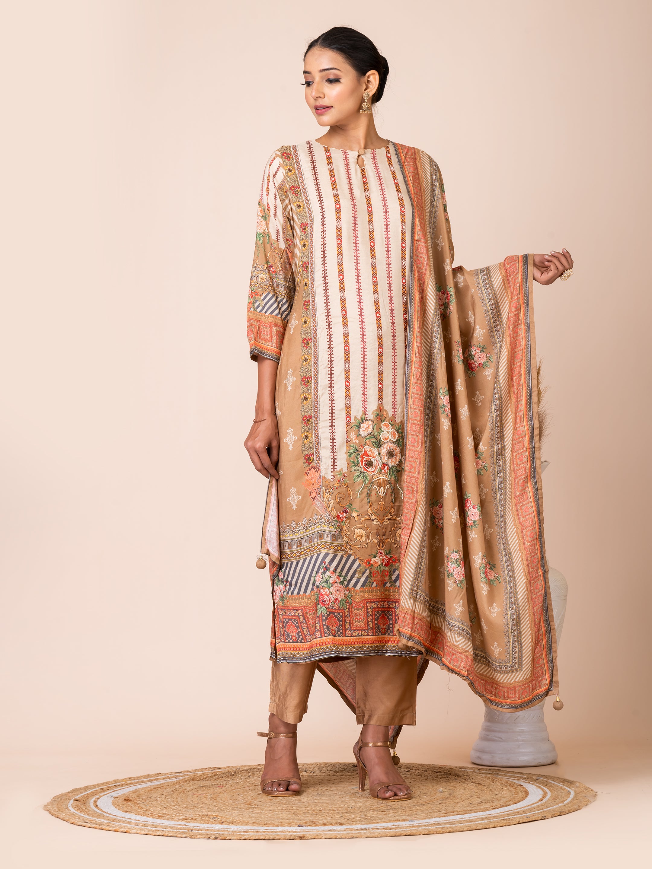 Beige and Peach Panel Style Pakistani Print Kurta Set Sarso