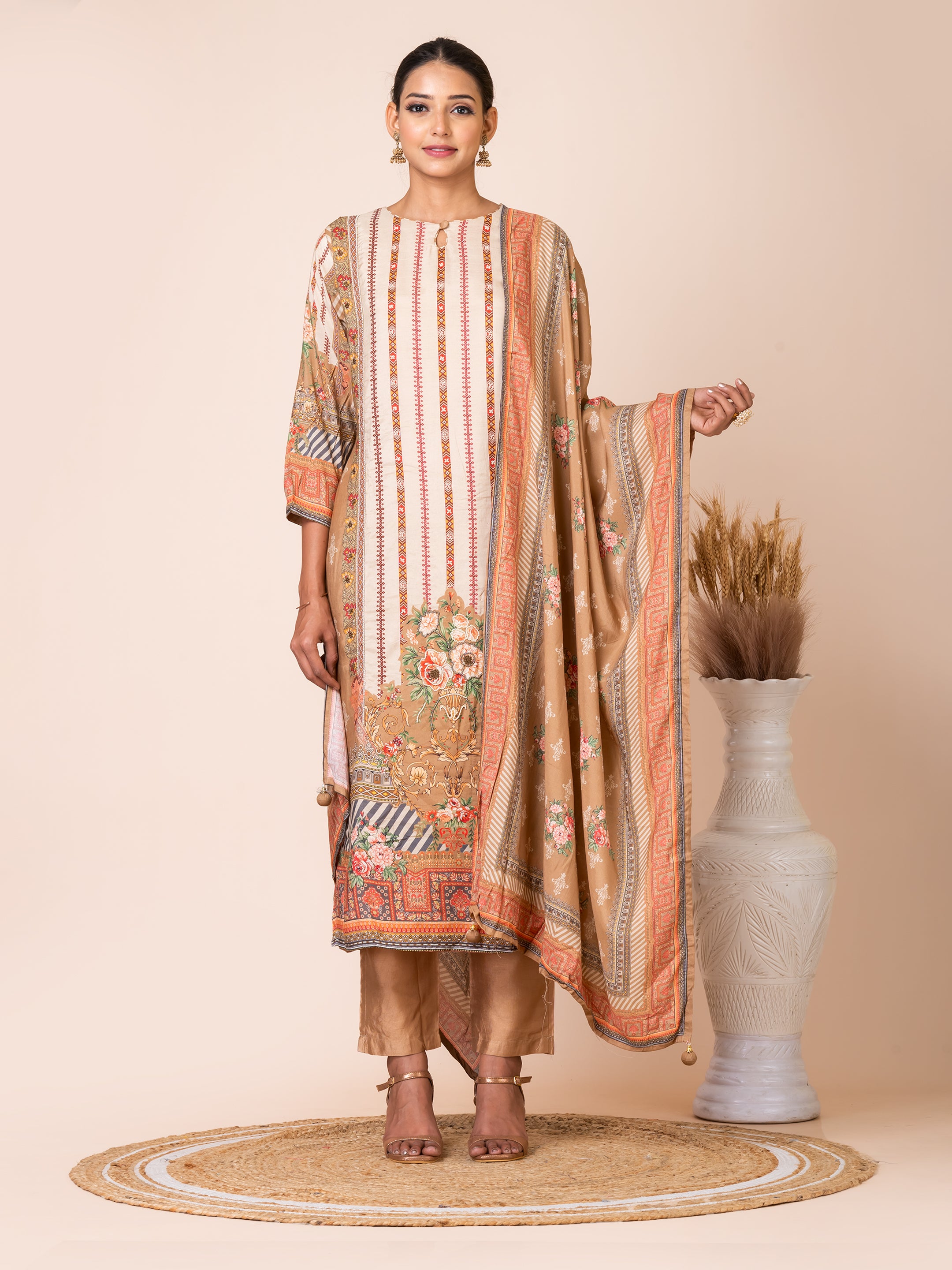 Beige and Peach Panel Style Pakistani Print Kurta Set Sarso