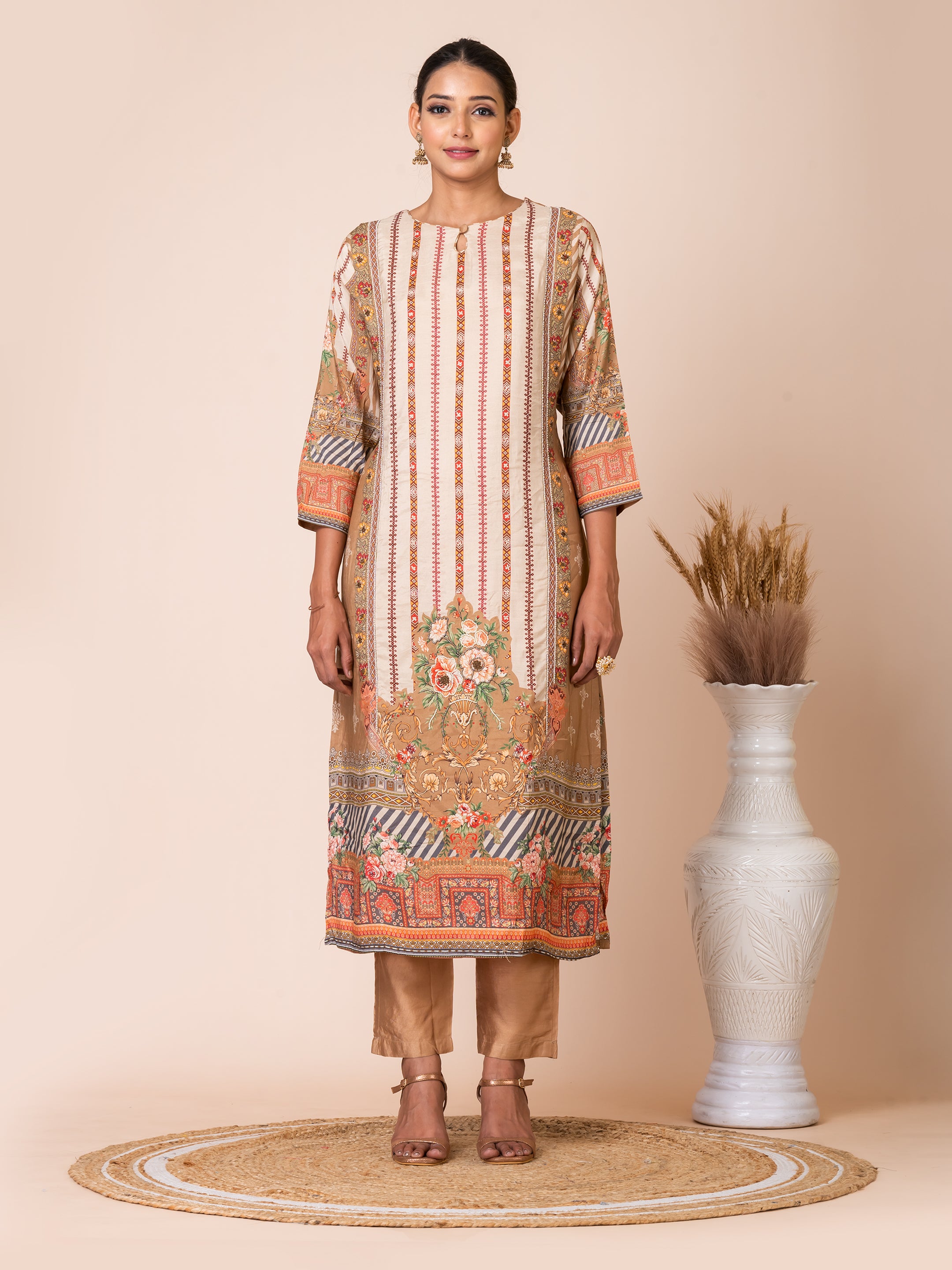 Beige and Peach Panel Style Pakistani Print Kurta Set Sarso