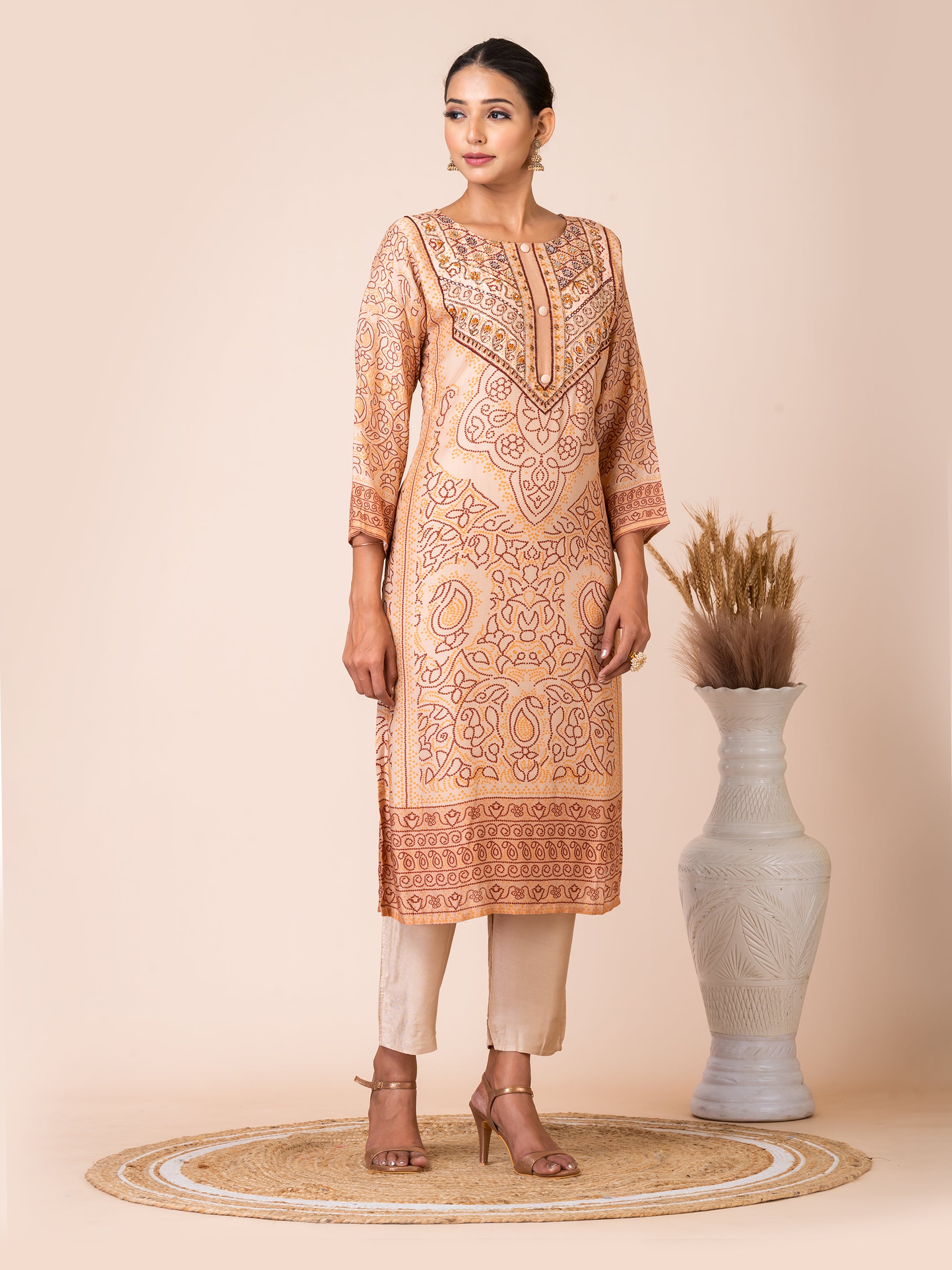Elegant Beige Bandhani Kurta Set by Sarso Sarso