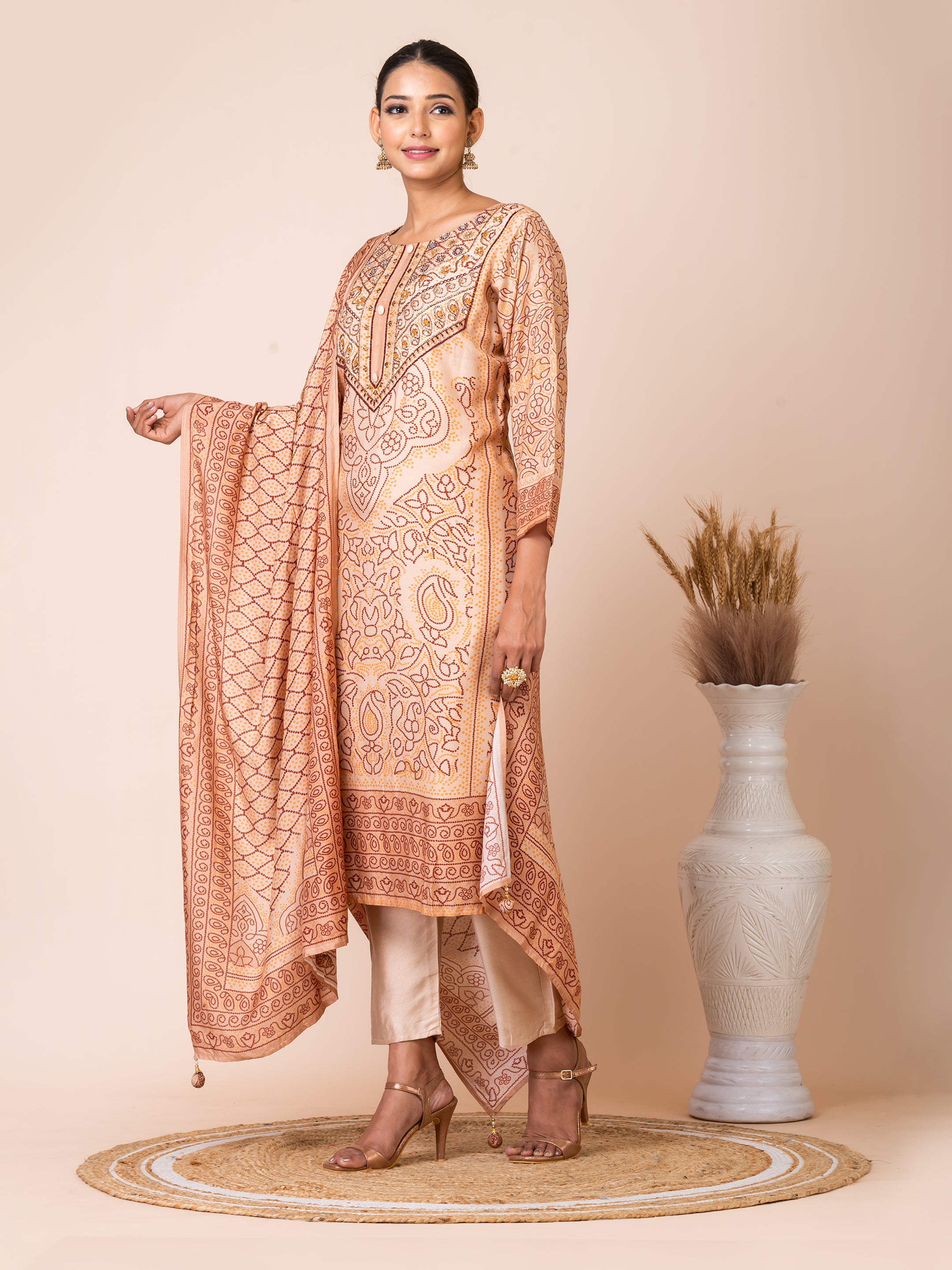 Elegant Beige Bandhani Kurta Set by Sarso Sarso