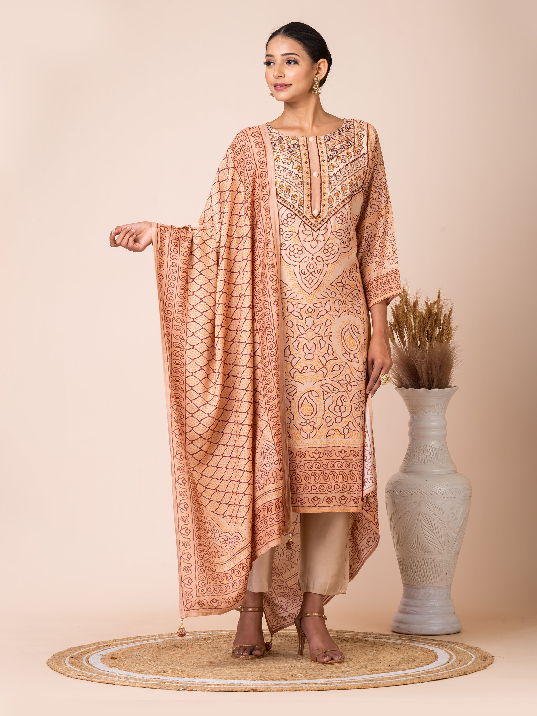 Elegant Beige Bandhani Kurta Set by Sarso Sarso