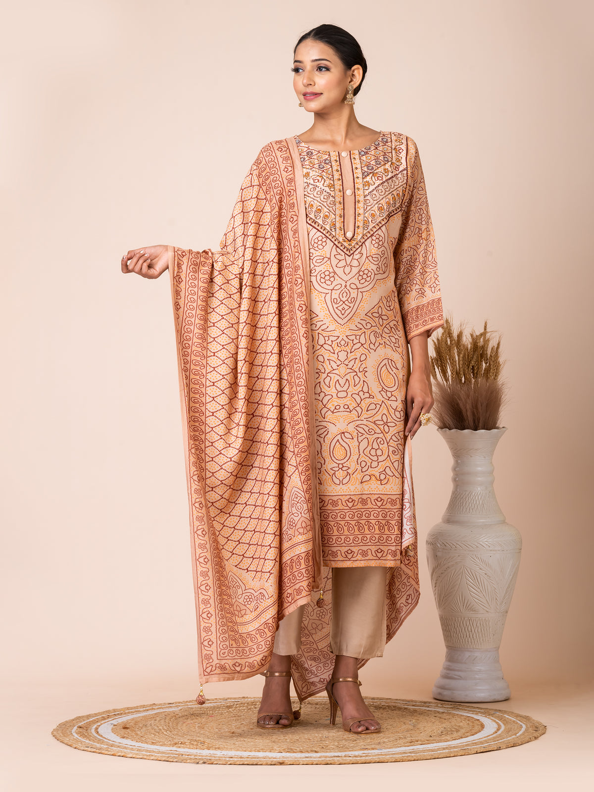 Elegant Beige Bandhani Kurta Set by Sarso Sarso