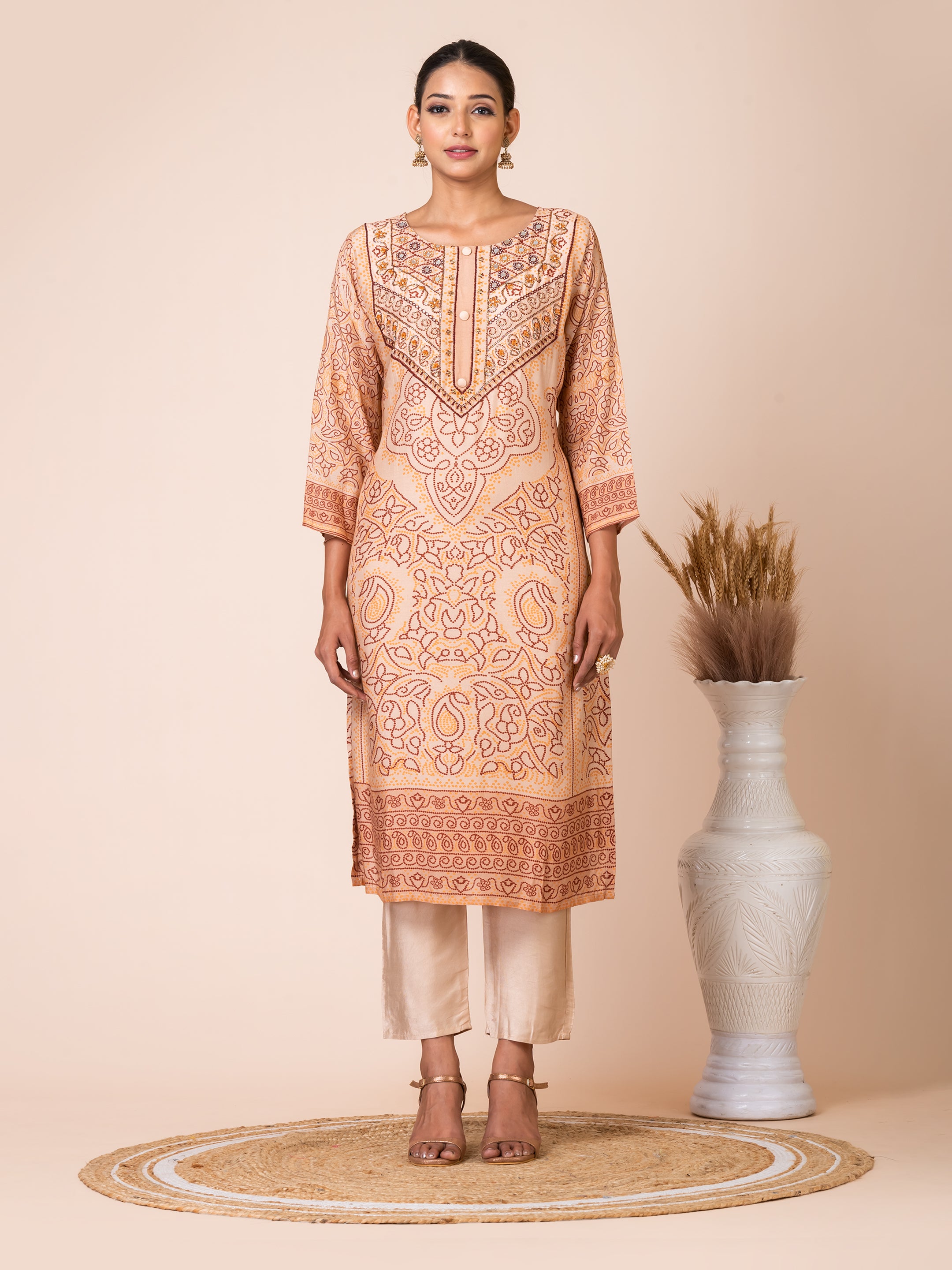Elegant Beige Bandhani Kurta Set by Sarso Sarso