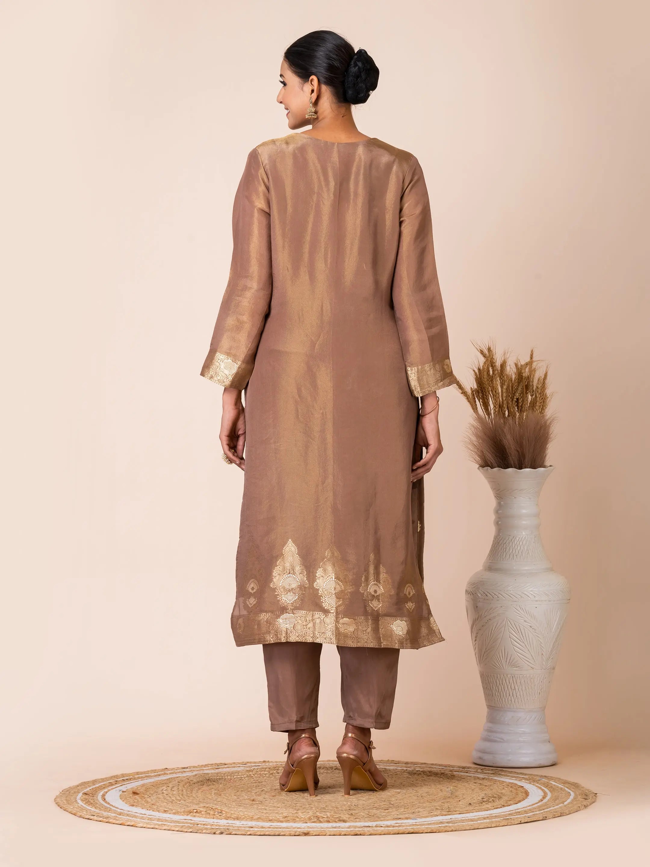 Golden Tissue Jacquard Kurta Set with Exquisite Handwork Sarso