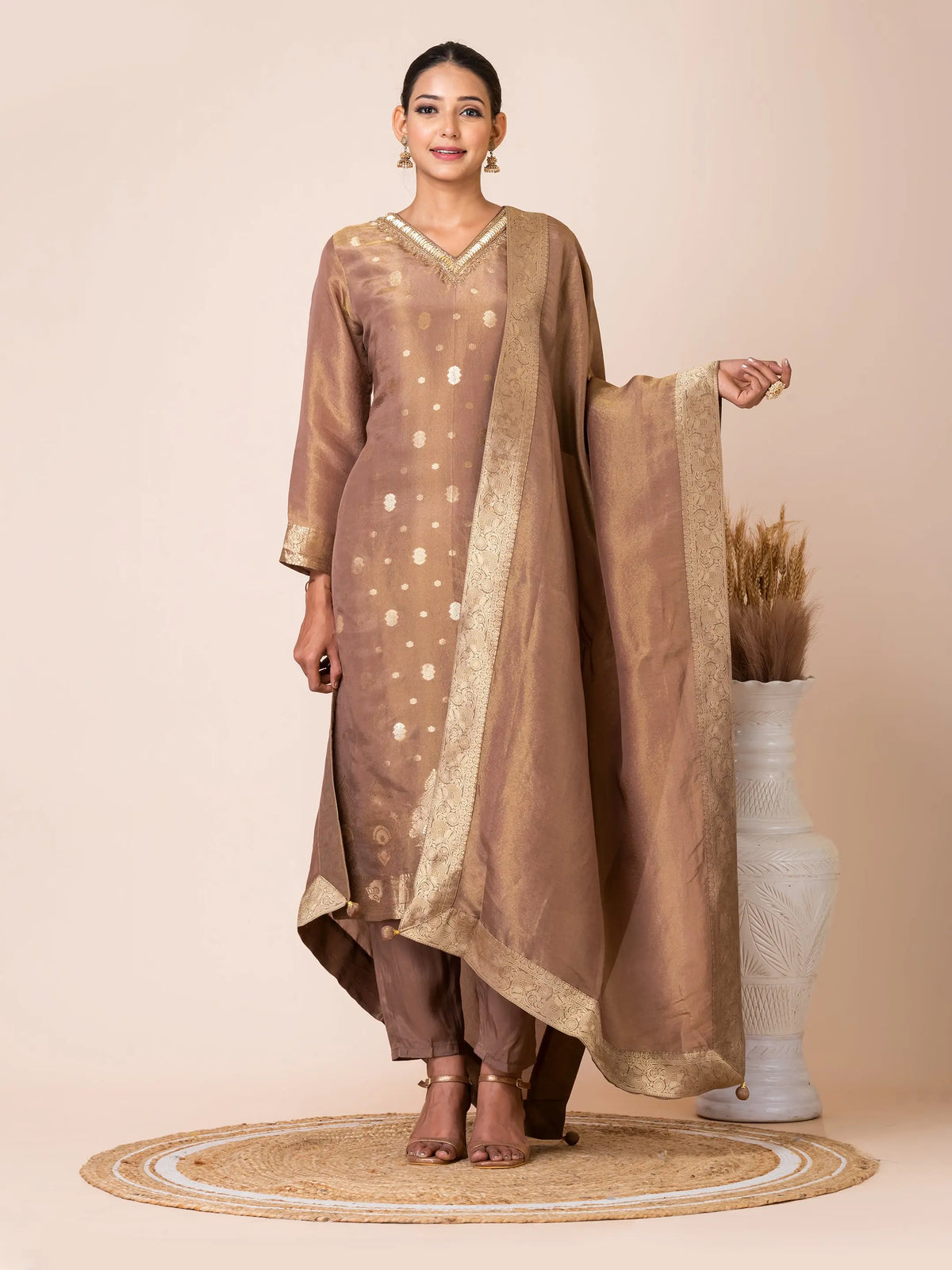 Golden Tissue Jacquard Kurta Set with Exquisite Handwork Sarso