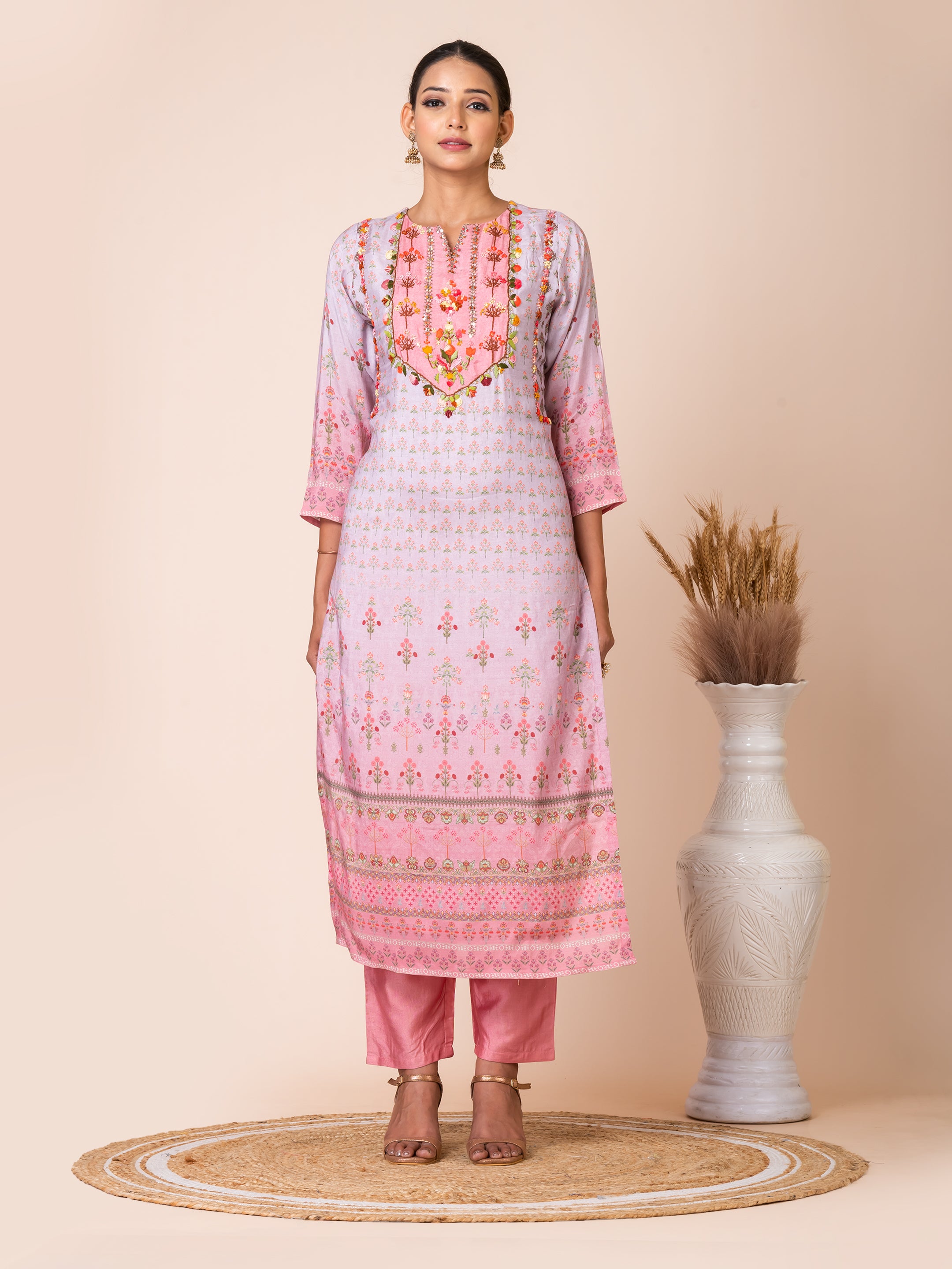Elegant Pink Floral Kurta Set with Handwork Sarso