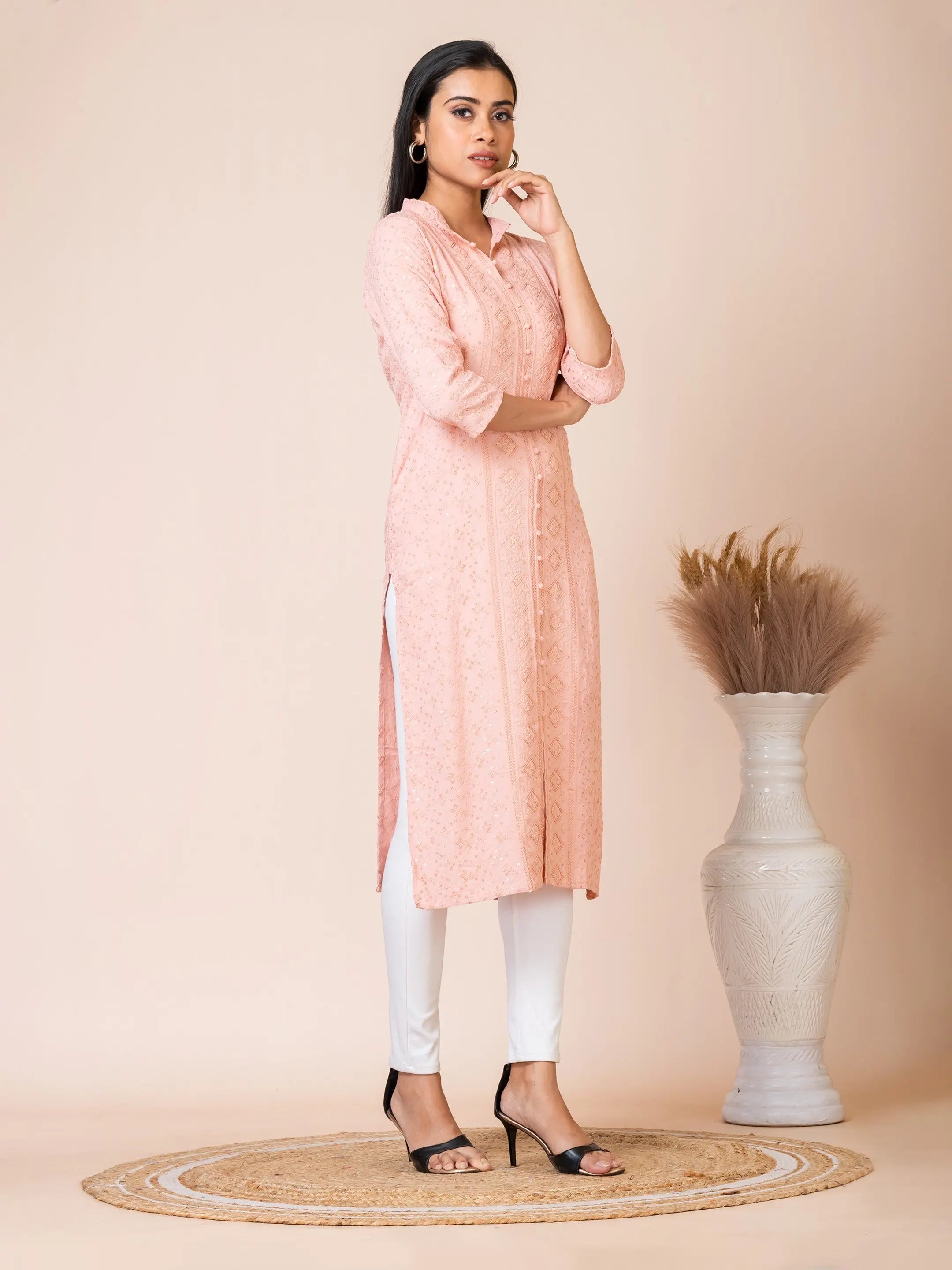 Sarso Peach Lucknowi Georgette Kurti Sarso