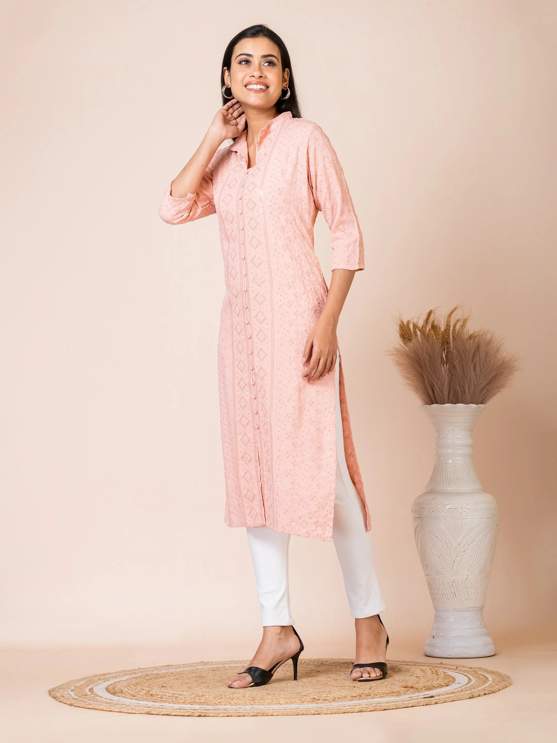 Sarso Peach Lucknowi Georgette Kurti Sarso