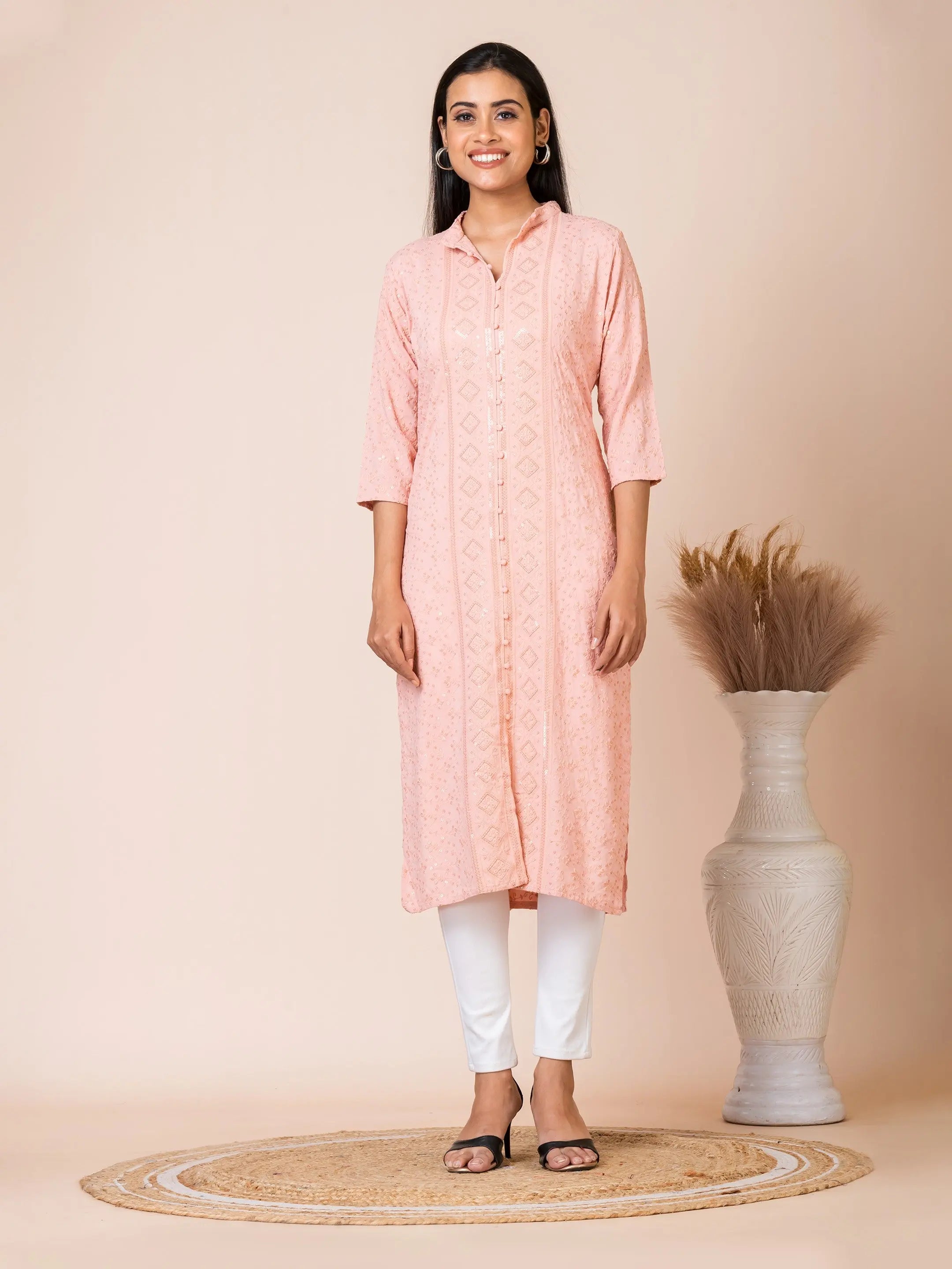 Sarso Peach Lucknowi Georgette Kurti Sarso