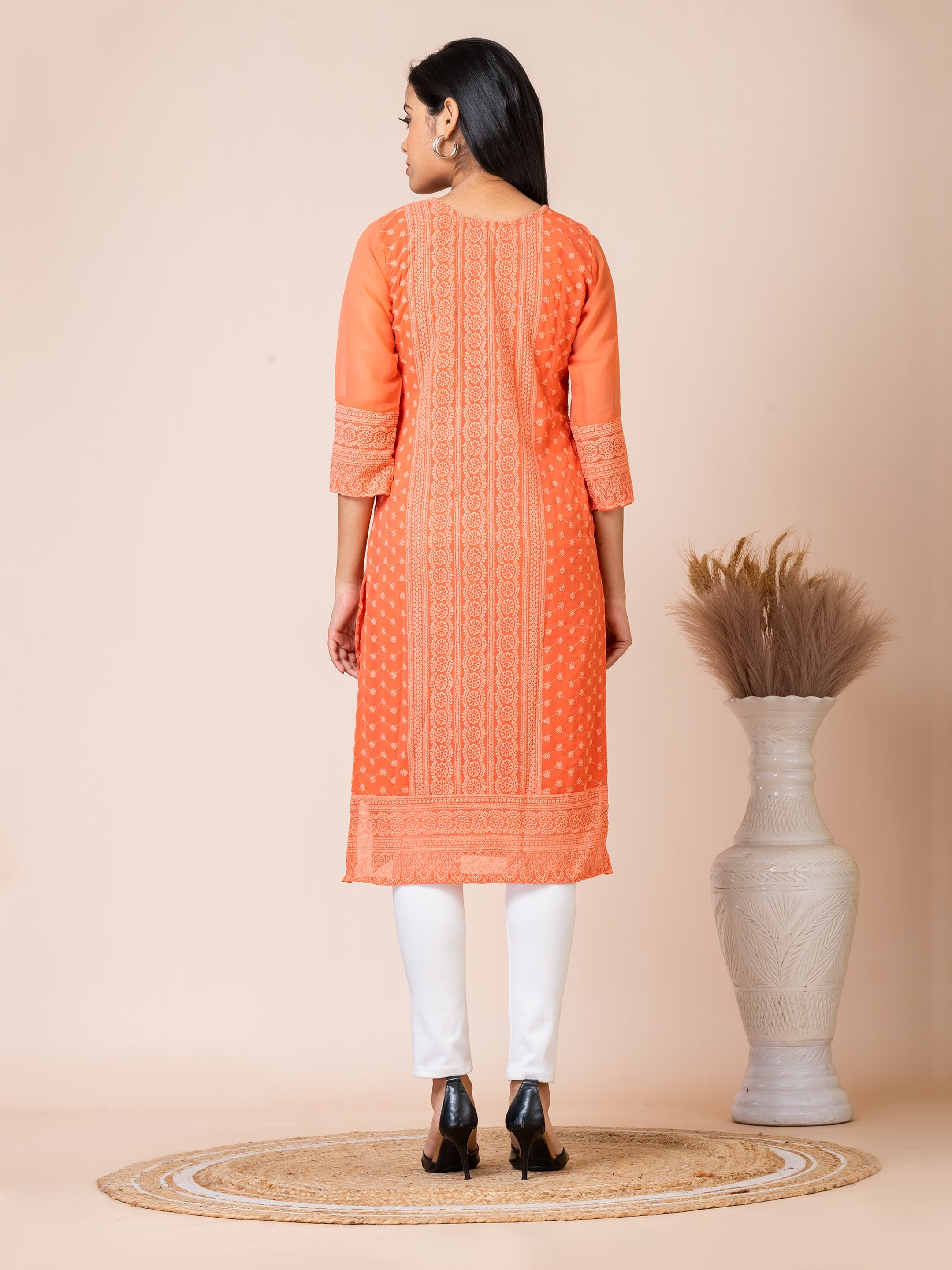 Sarso Saffron Orange Lucknowi Embroidered Straight Kurti Sarso