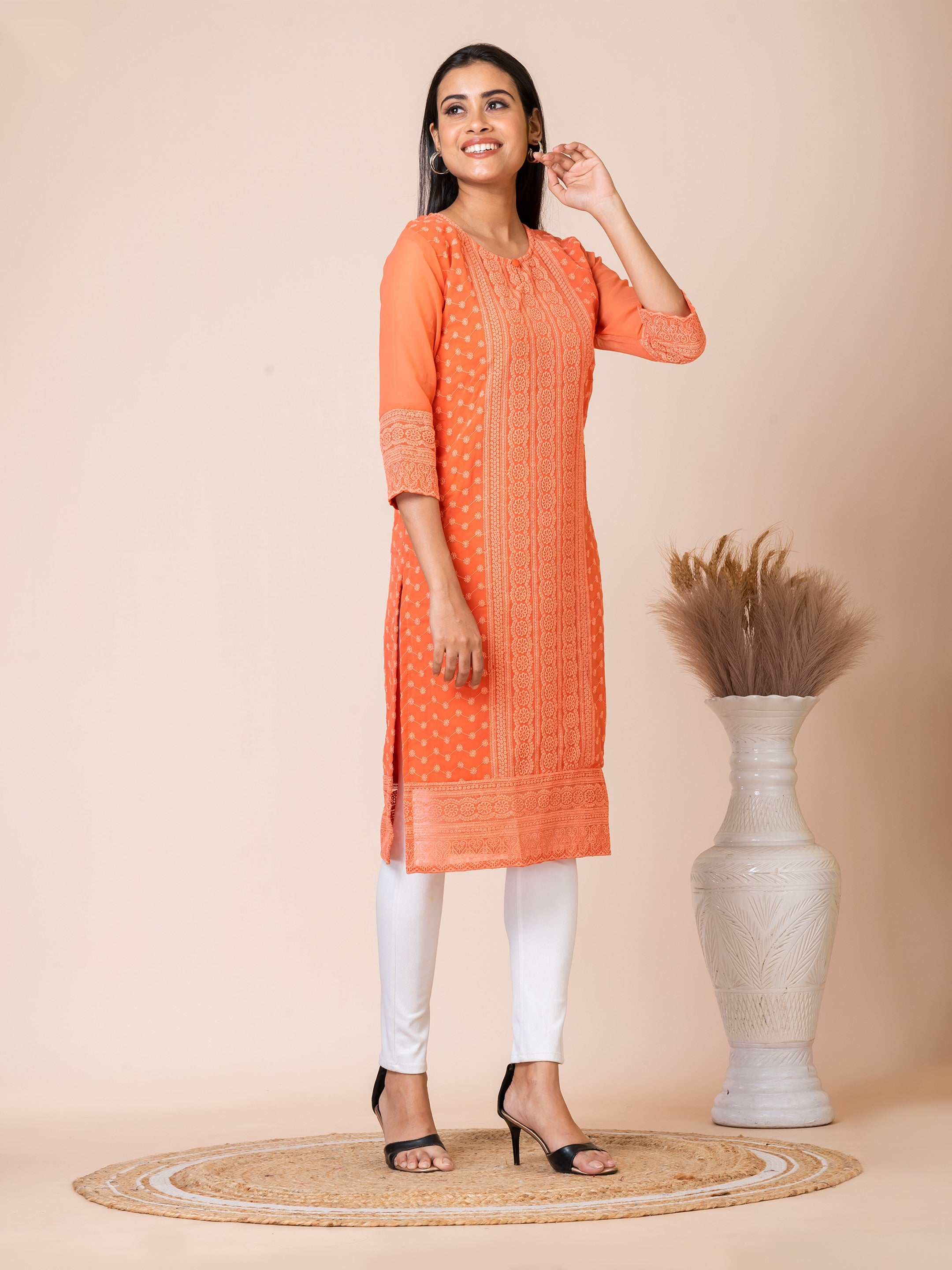 Sarso Saffron Orange Lucknowi Embroidered Straight Kurti Sarso