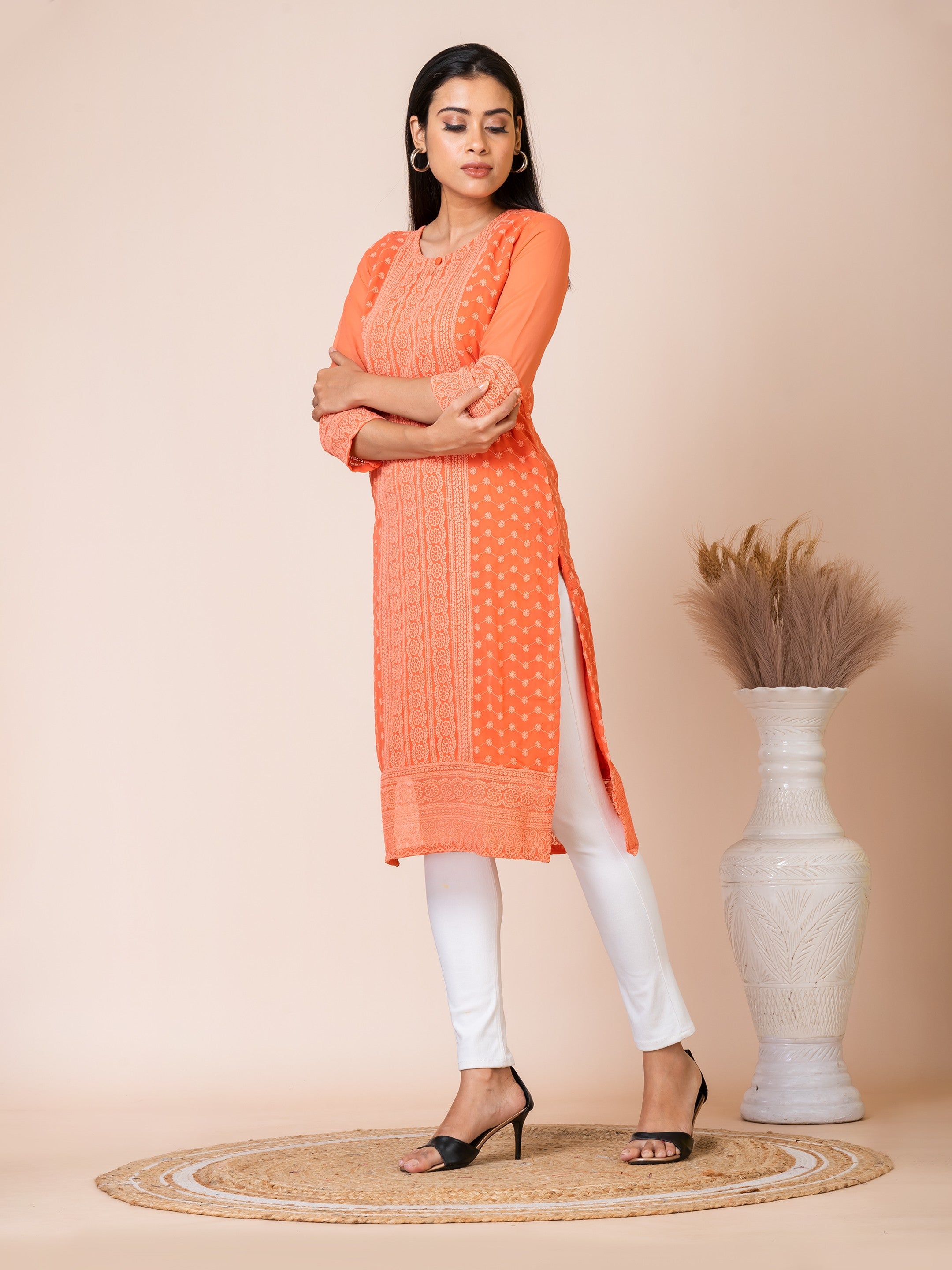 Sarso Saffron Orange Lucknowi Embroidered Straight Kurti Sarso