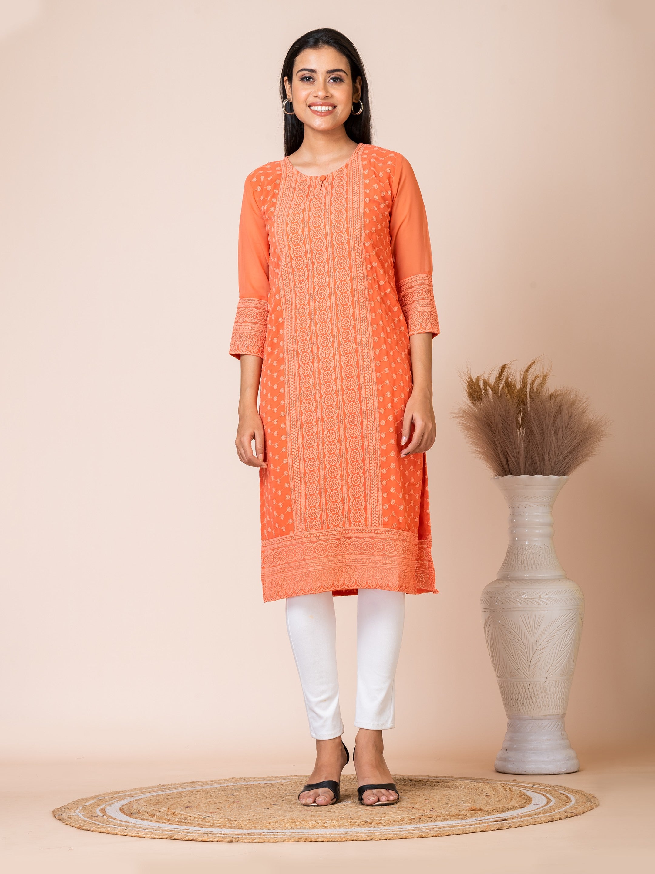 Sarso Saffron Orange Lucknowi Embroidered Straight Kurti Sarso