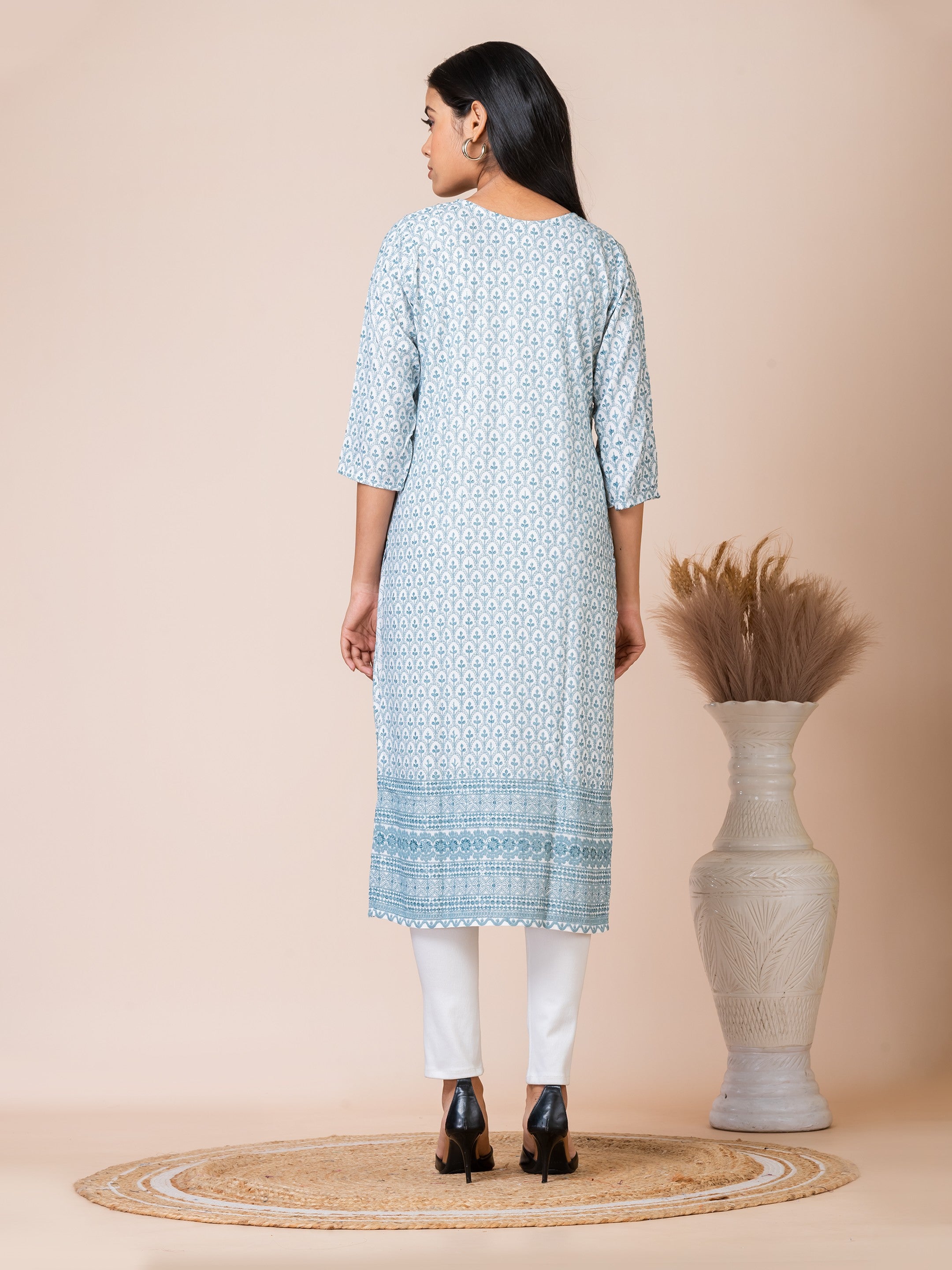 Sarso Serene Blue Thread Work Embroidered Straight Kurti Sarso