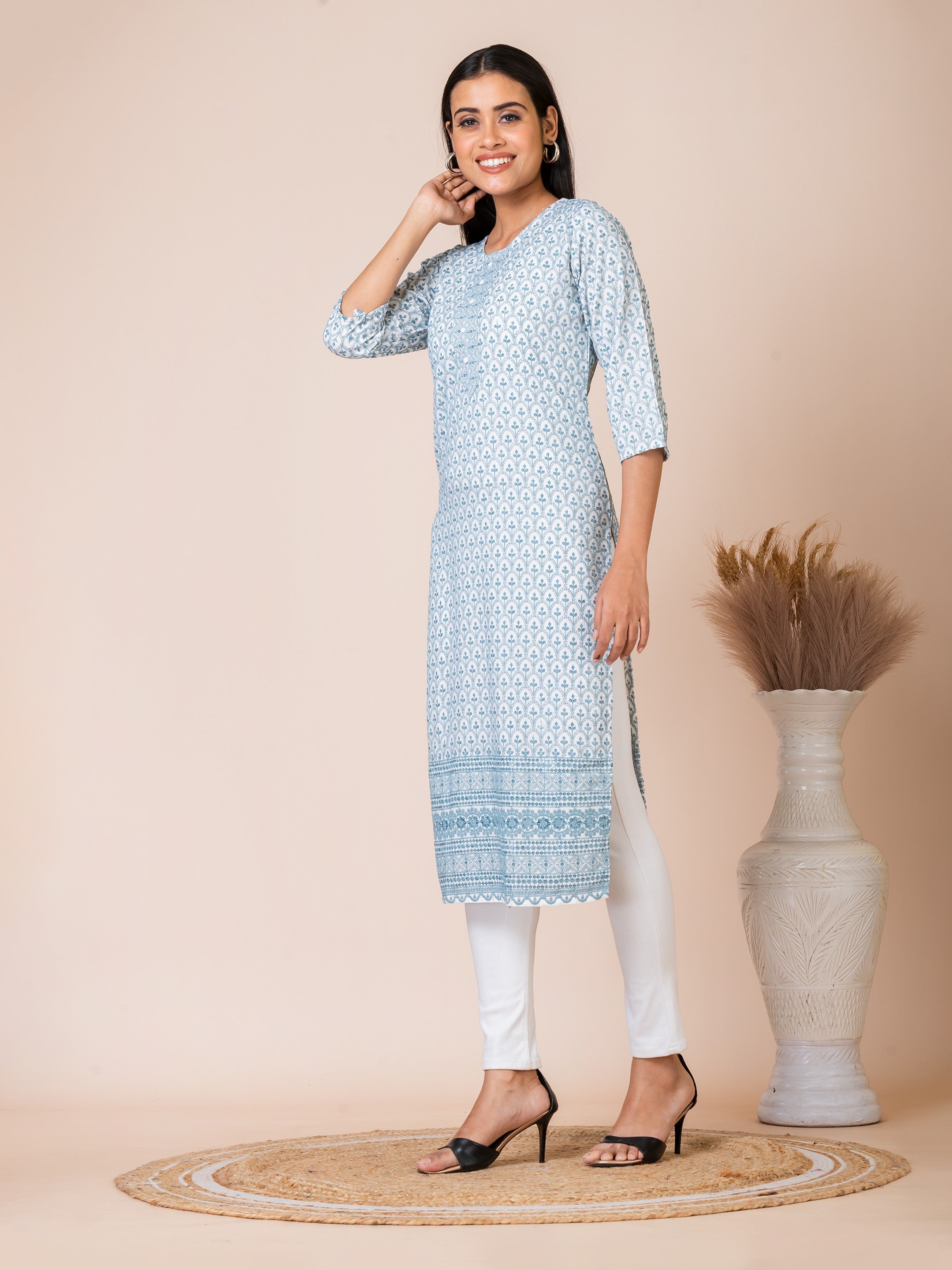 Sarso Serene Blue Thread Work Embroidered Straight Kurti Sarso