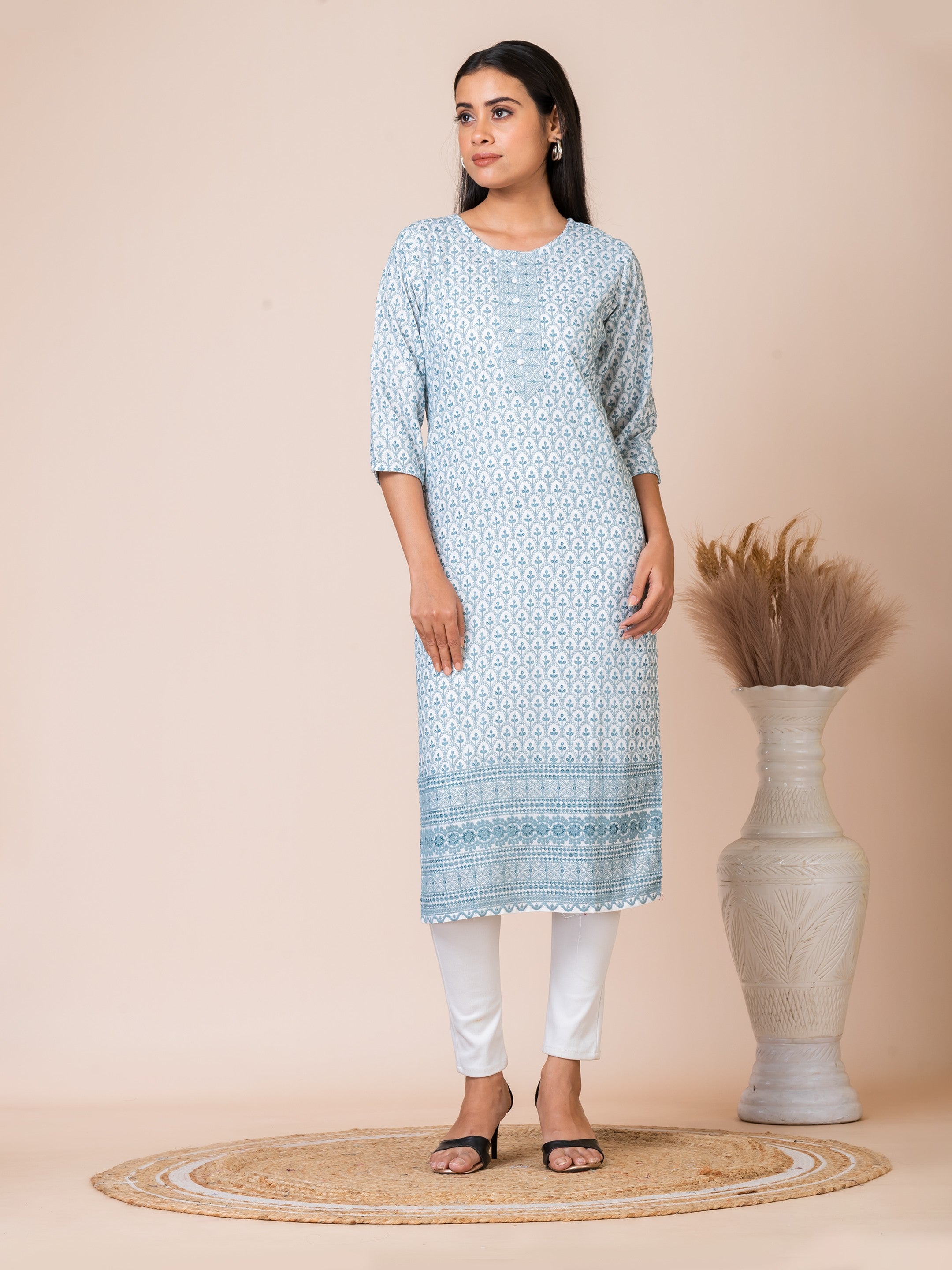 Sarso Serene Blue Thread Work Embroidered Straight Kurti Sarso