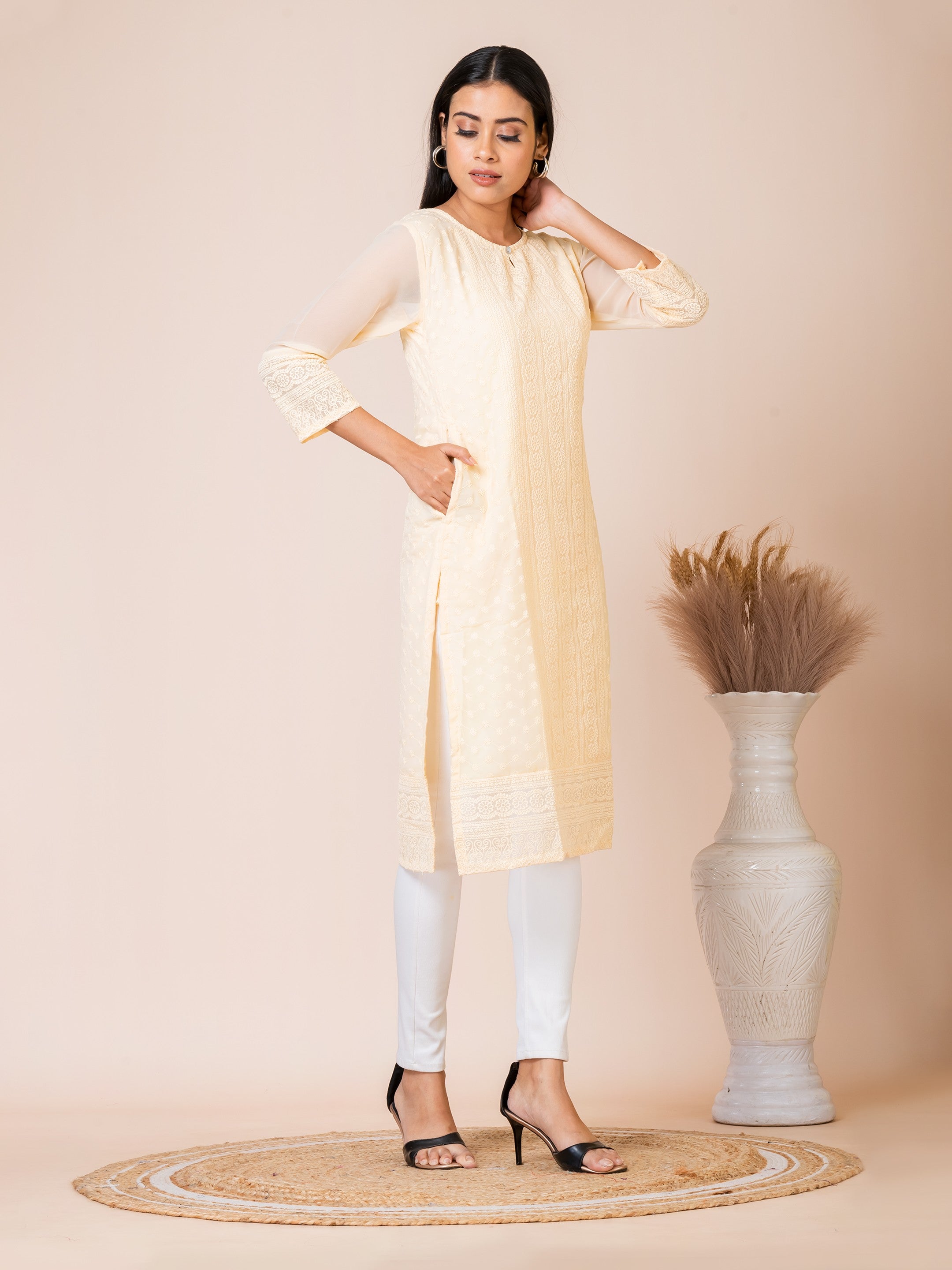 Sarso Subtle Cream Lucknowi Embroidered Straight Kurti Sarso