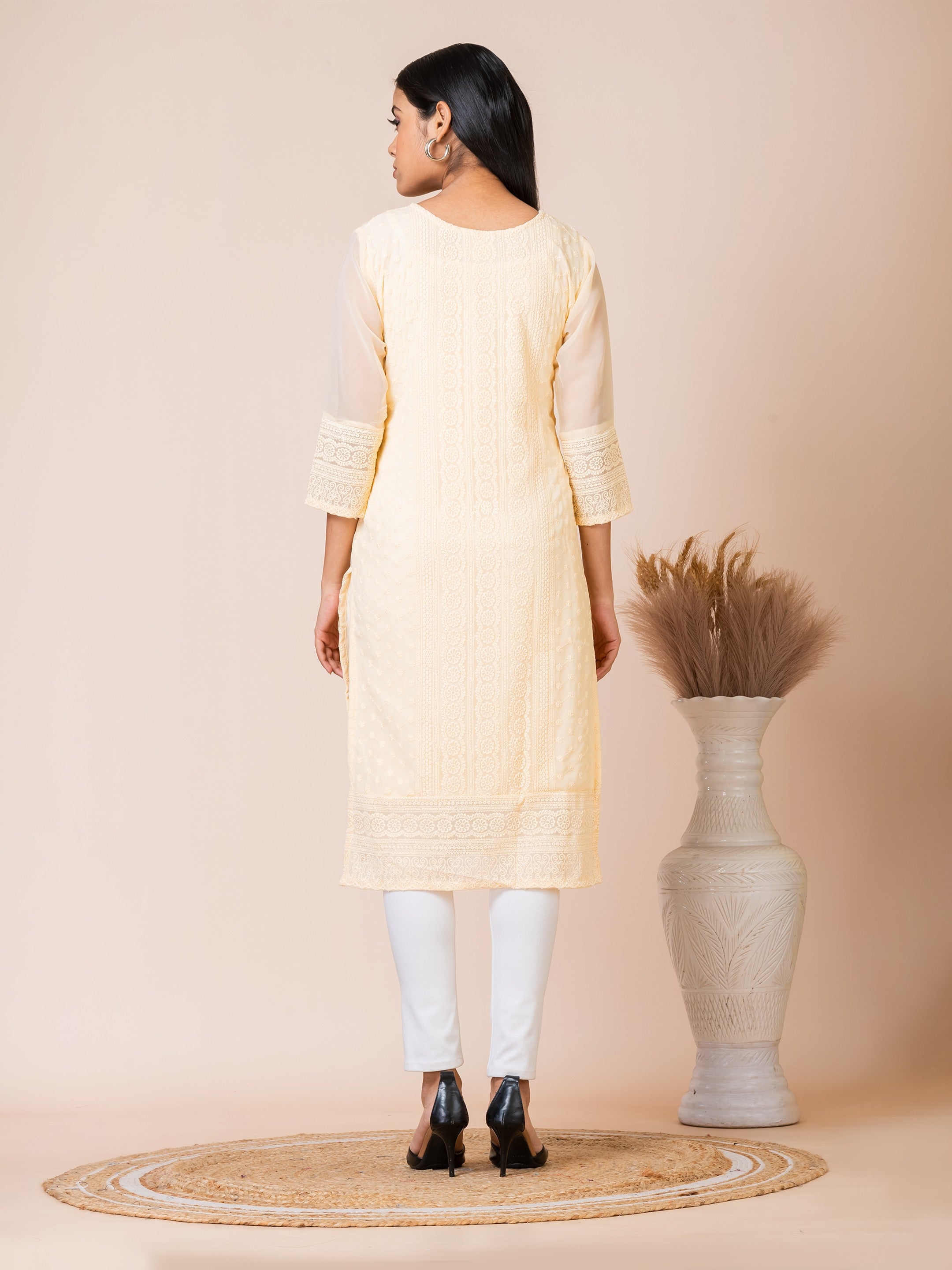 Sarso Subtle Cream Lucknowi Embroidered Straight Kurti Sarso