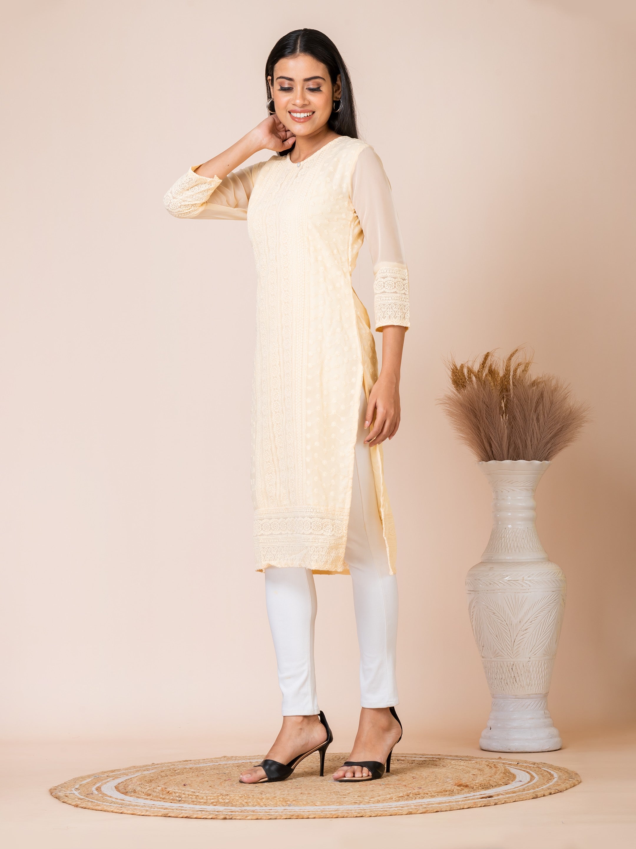 Sarso Subtle Cream Lucknowi Embroidered Straight Kurti Sarso