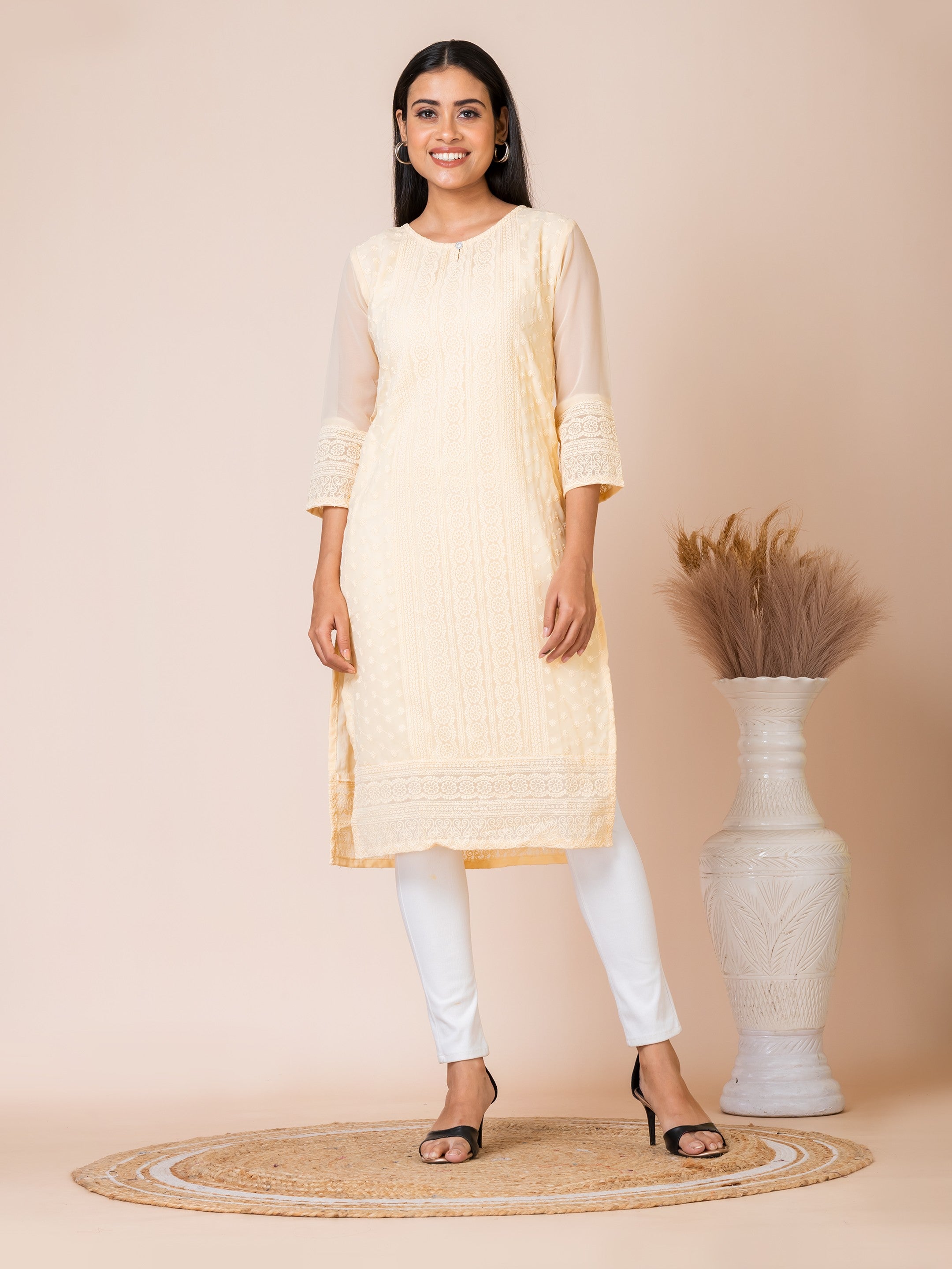 Sarso Subtle Cream Lucknowi Embroidered Straight Kurti Sarso