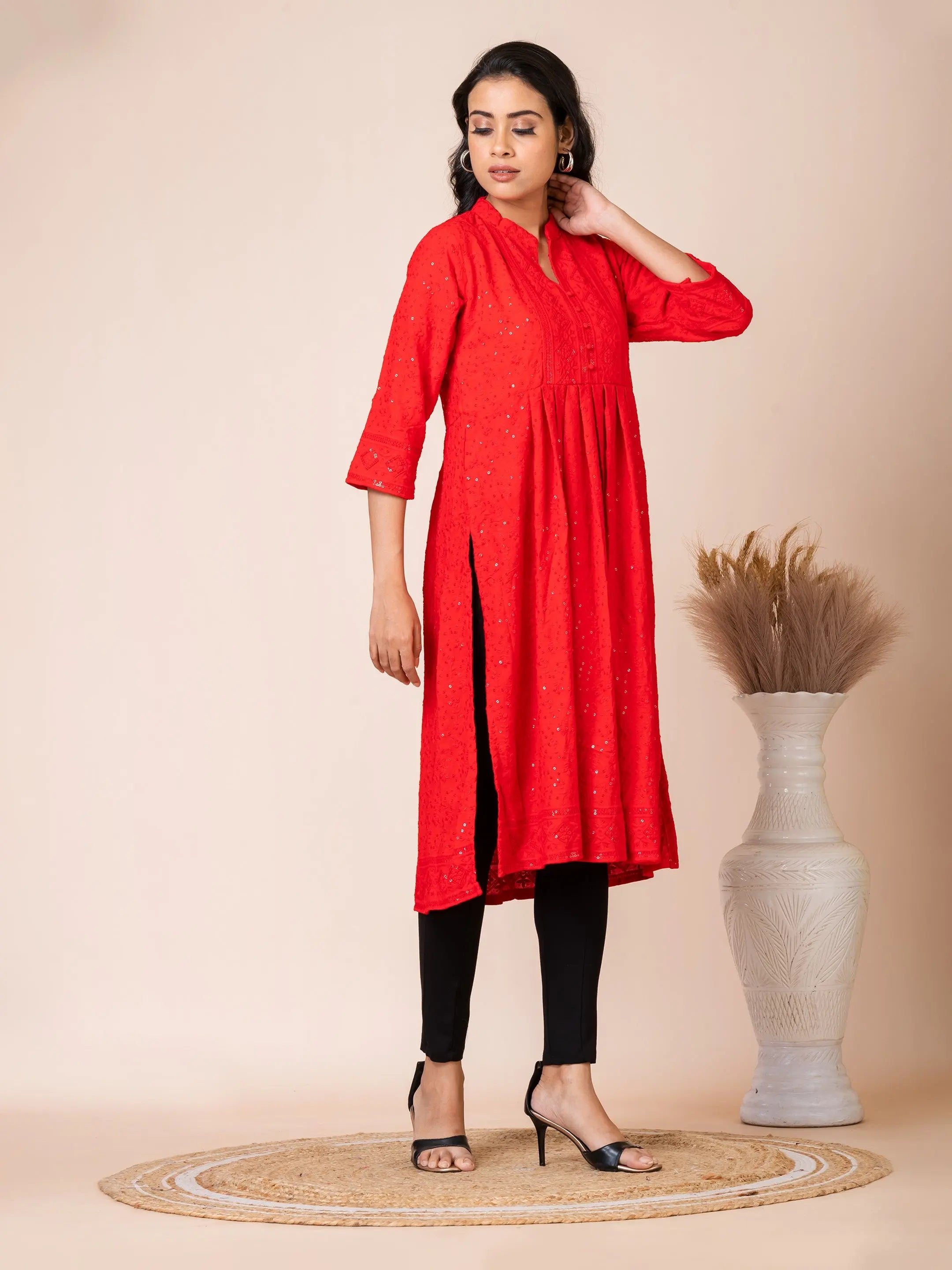 Sarso Radiant Red Lucknowi Embroidered Flared Anarkali Kurti Sarso