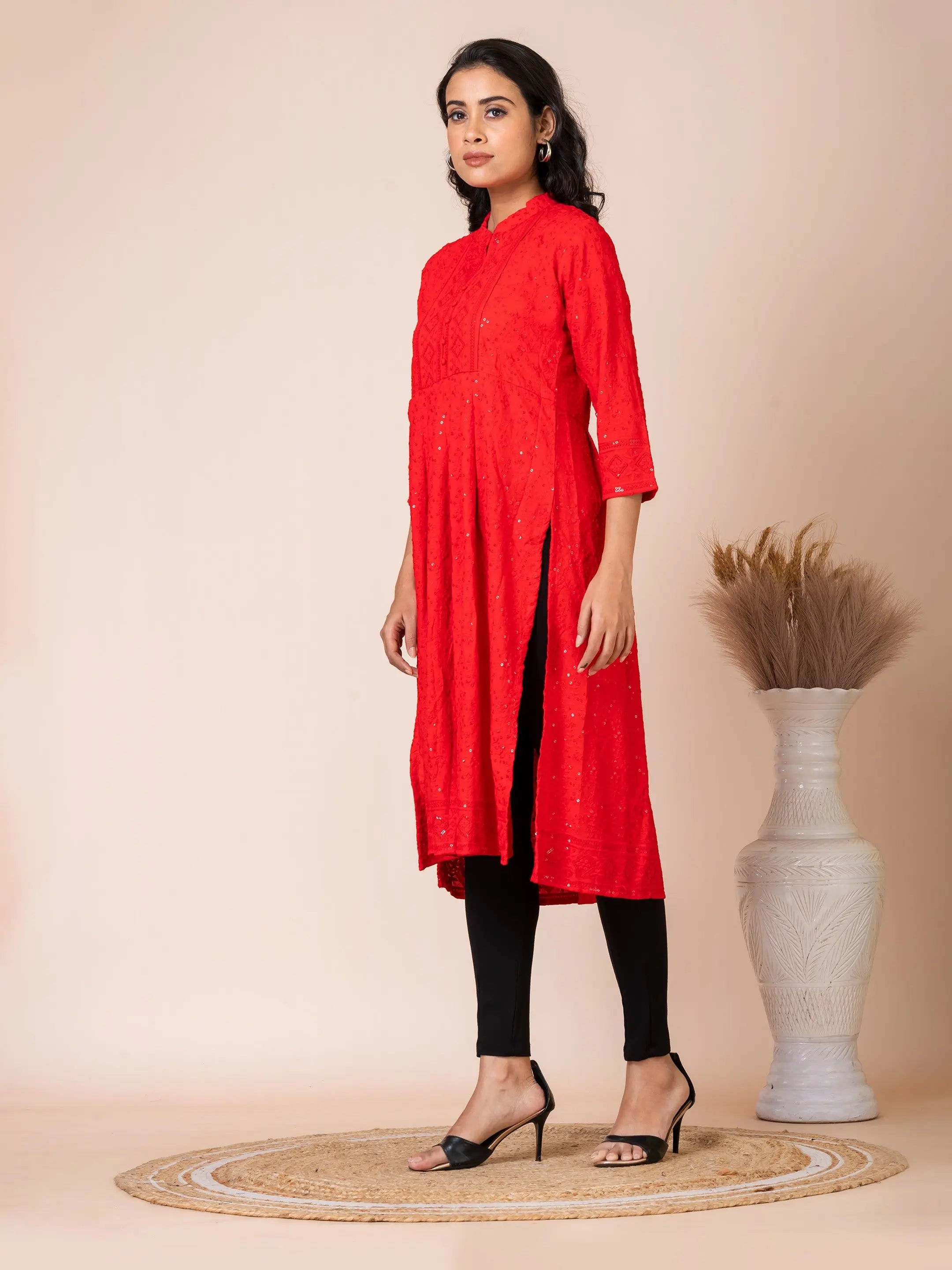 Sarso Radiant Red Lucknowi Embroidered Flared Anarkali Kurti Sarso