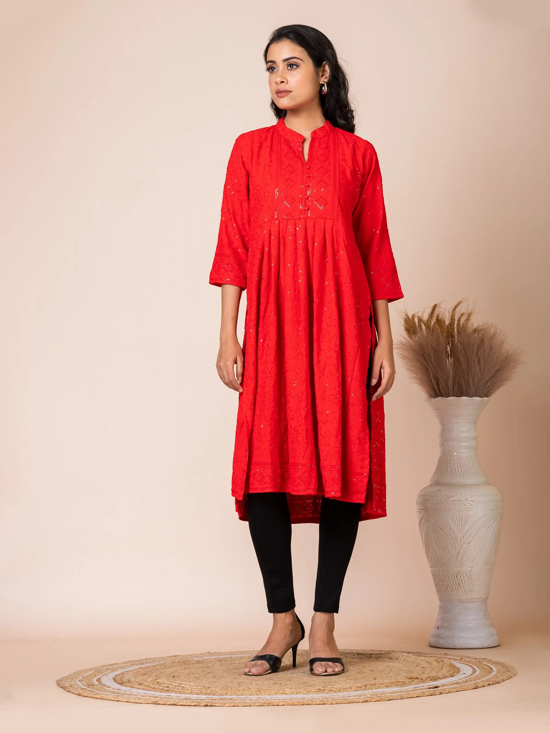 Sarso Radiant Red Lucknowi Embroidered Flared Anarkali Kurti Sarso