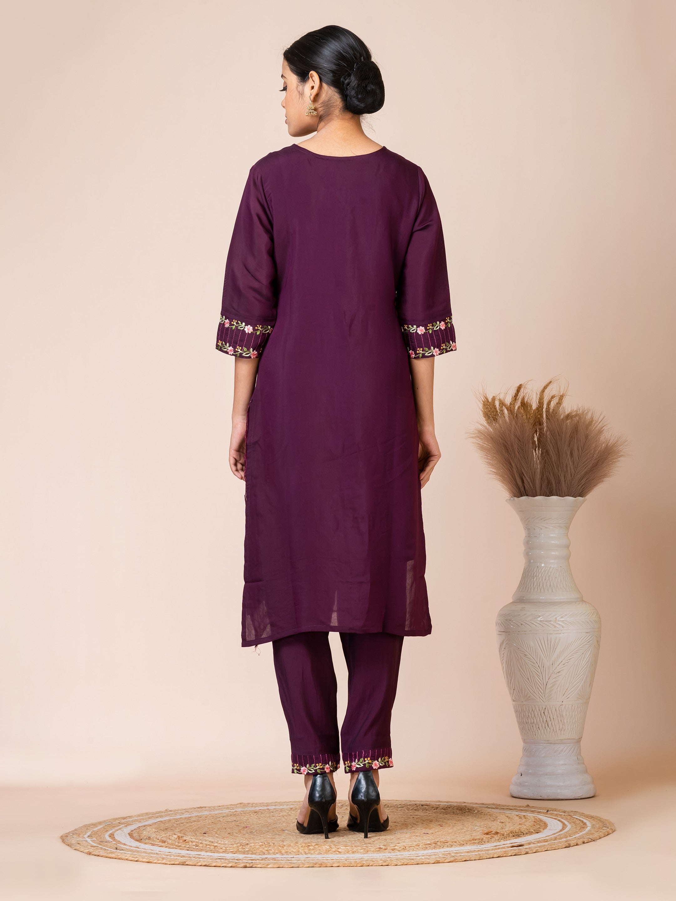 Sarso Elegant Plum Embroidered Dola Silk Kurta Set with Organza Dupatta Sarso