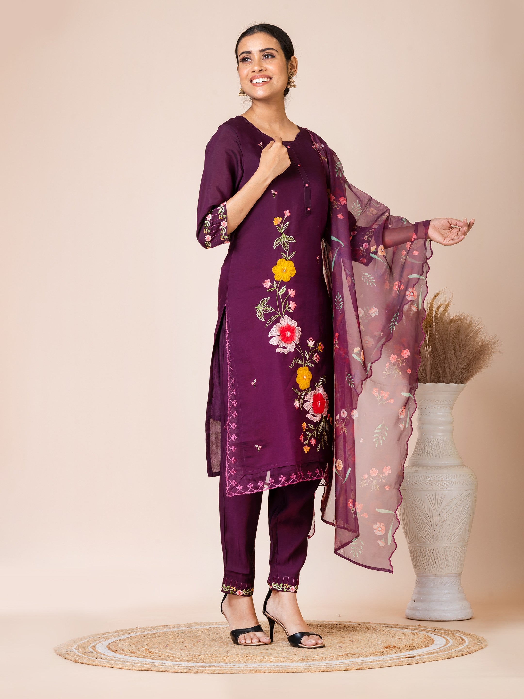 Sarso Elegant Plum Embroidered Dola Silk Kurta Set with Organza Dupatta Sarso