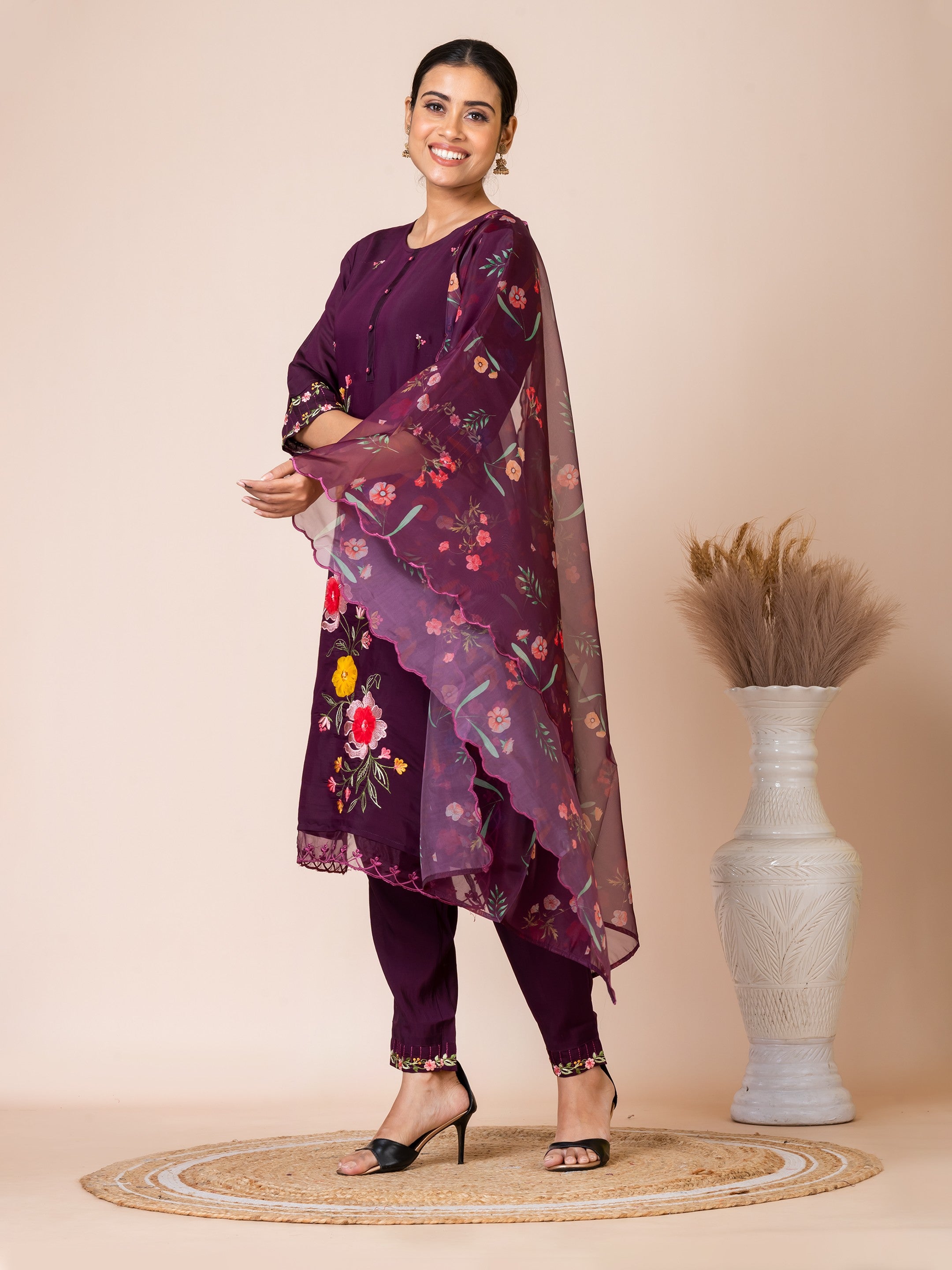 Sarso Elegant Plum Embroidered Dola Silk Kurta Set with Organza Dupatta Sarso