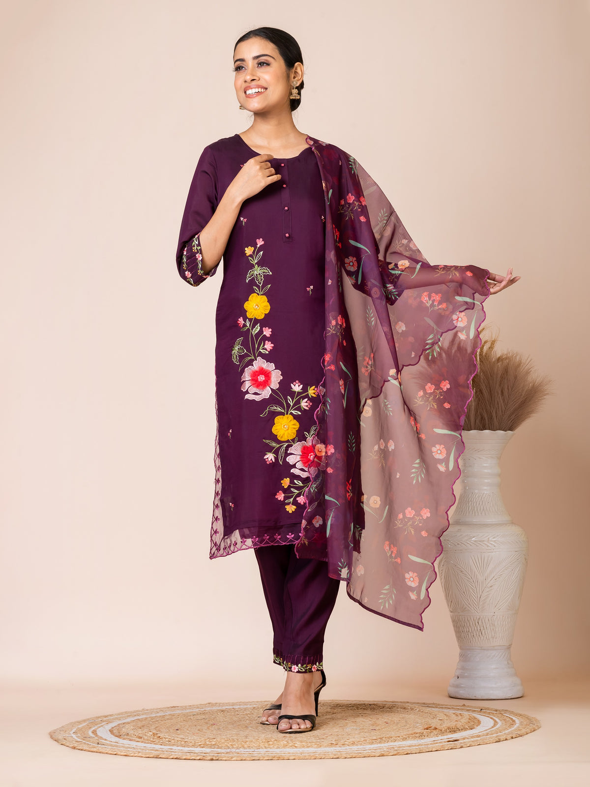 Sarso Elegant Plum Embroidered Dola Silk Kurta Set with Organza Dupatta Sarso