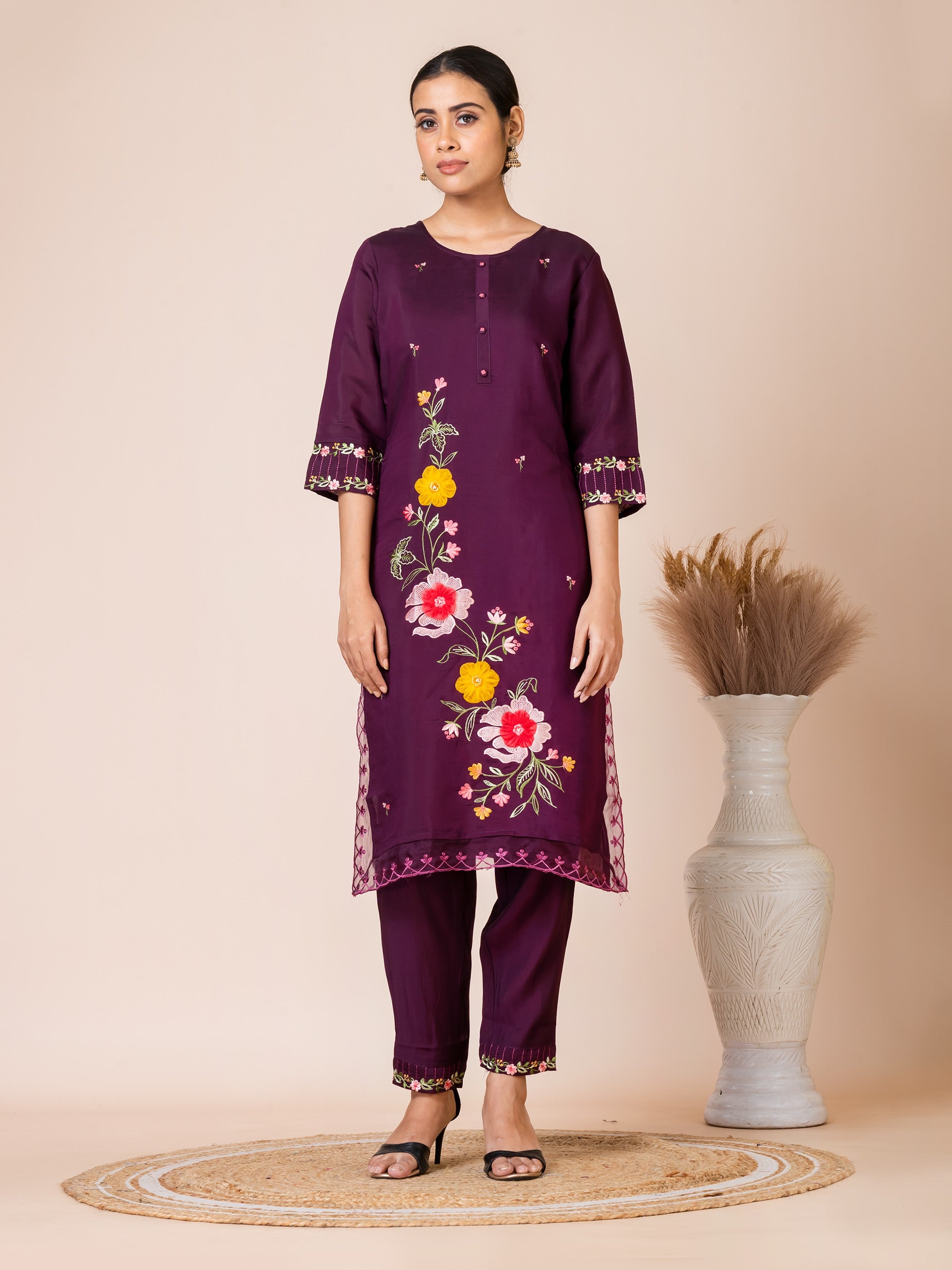 Sarso Elegant Plum Embroidered Dola Silk Kurta Set with Organza Dupatta Sarso