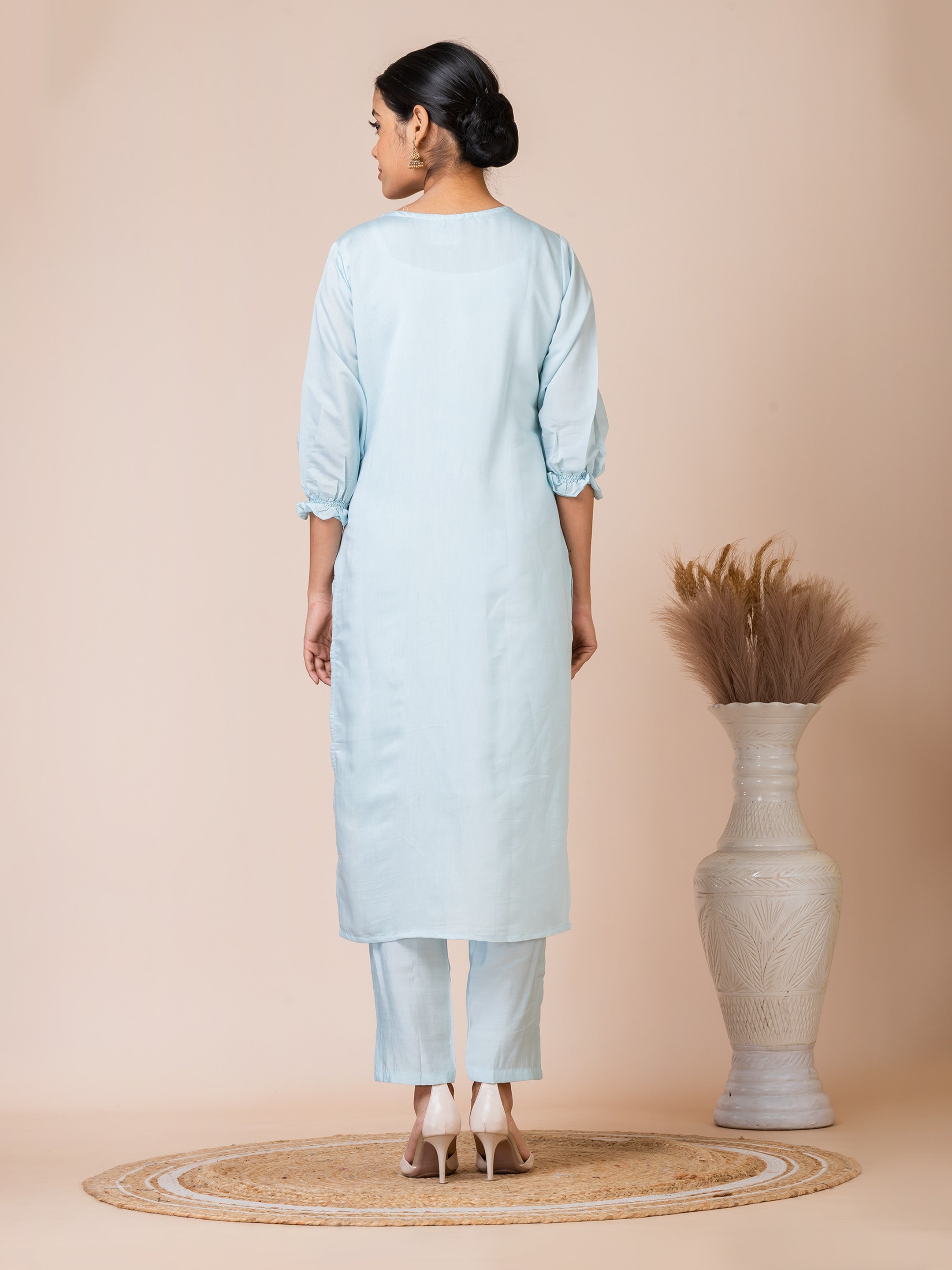 Sarso Serene Blue Embroidered Dola Silk Kurta Set with Organza Dupatta Sarso