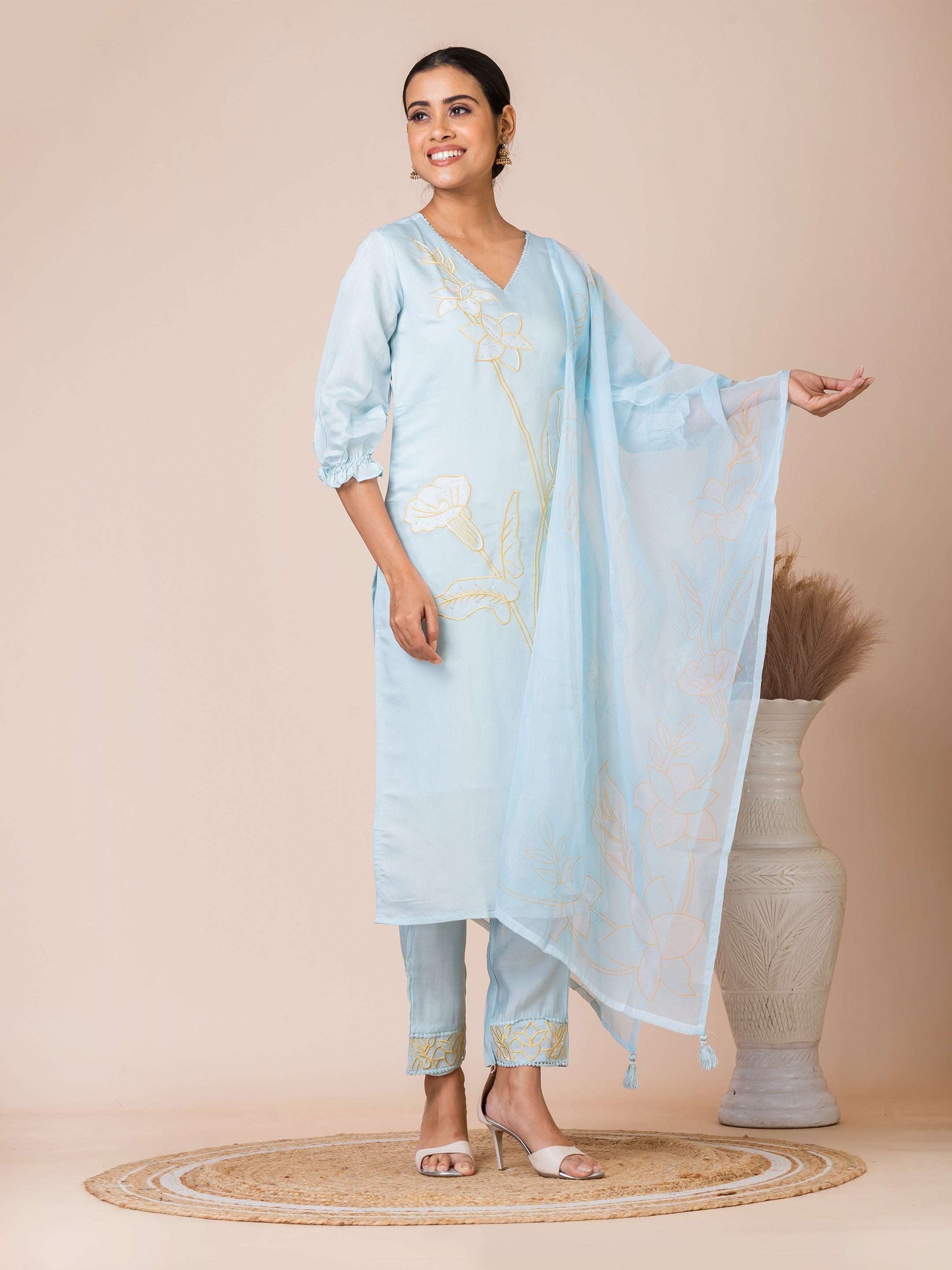 Sarso Serene Blue Embroidered Dola Silk Kurta Set with Organza Dupatta Sarso